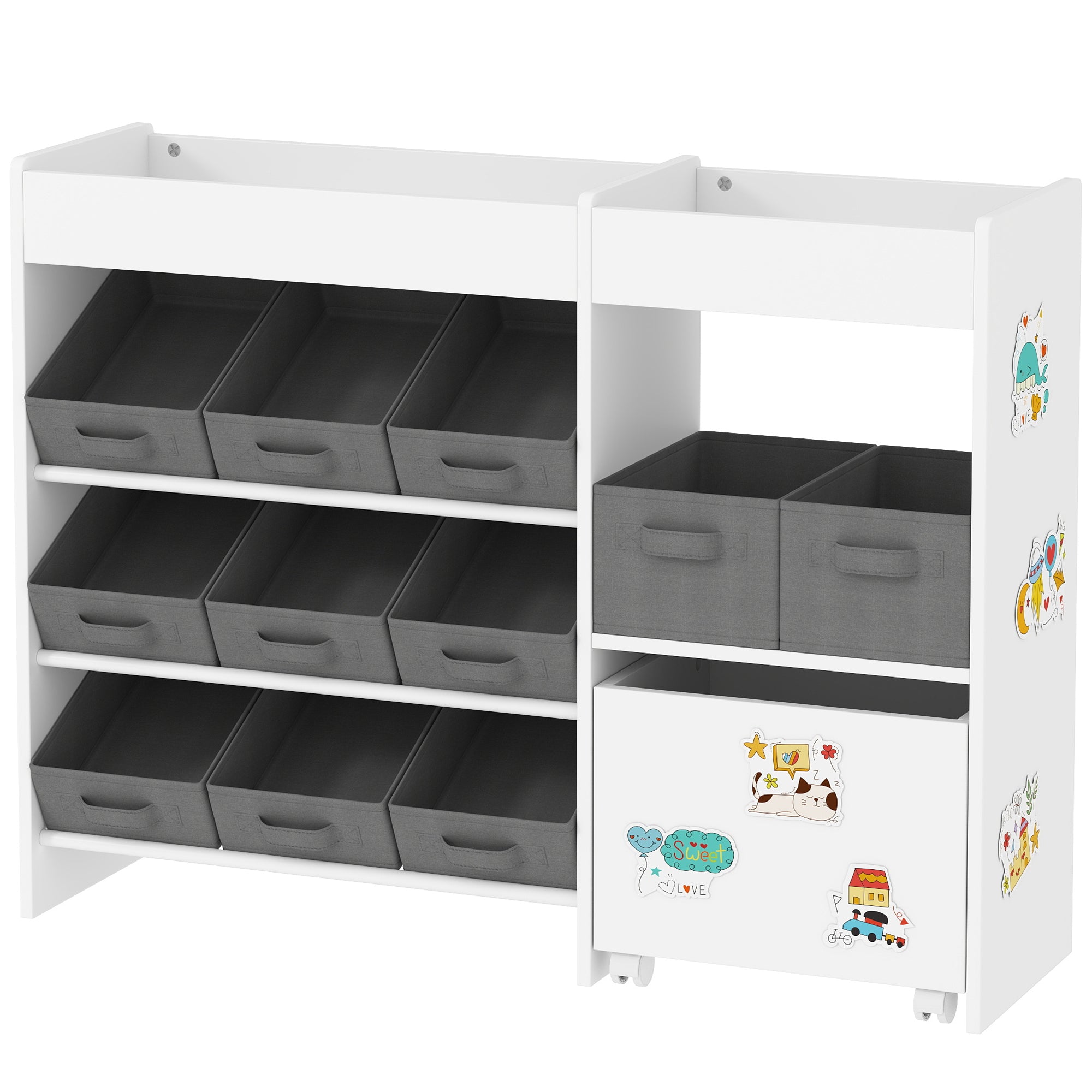 Toy Storage Shelf for Kids Children's Organizer with 11 Removable Baskets Compartments and Sticker Sheets for Nursery Playroom 105x30x80 cm White