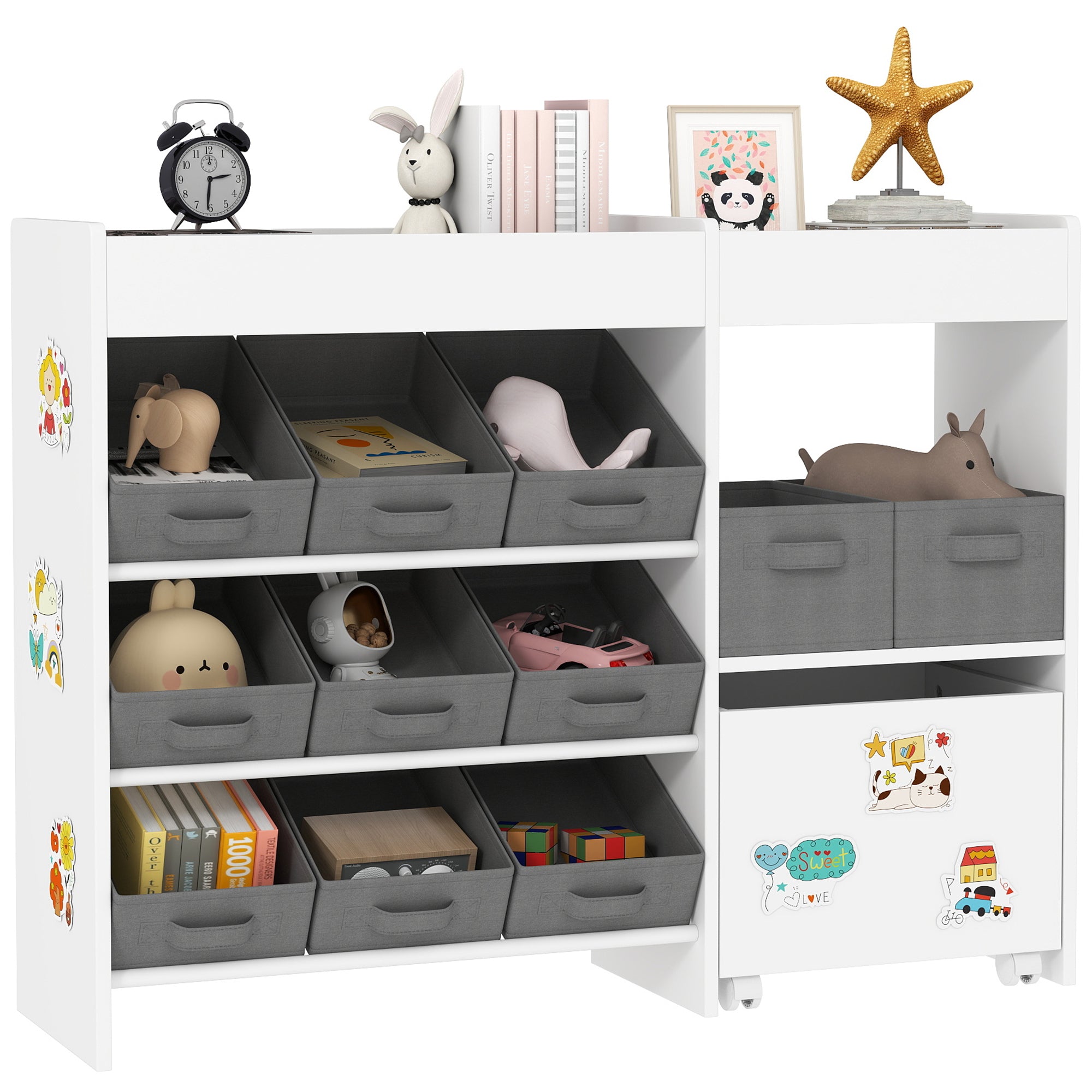 Toy Storage Shelf for Kids Children's Organizer with 11 Removable Baskets Compartments and Sticker Sheets for Nursery Playroom 105x30x80 cm White