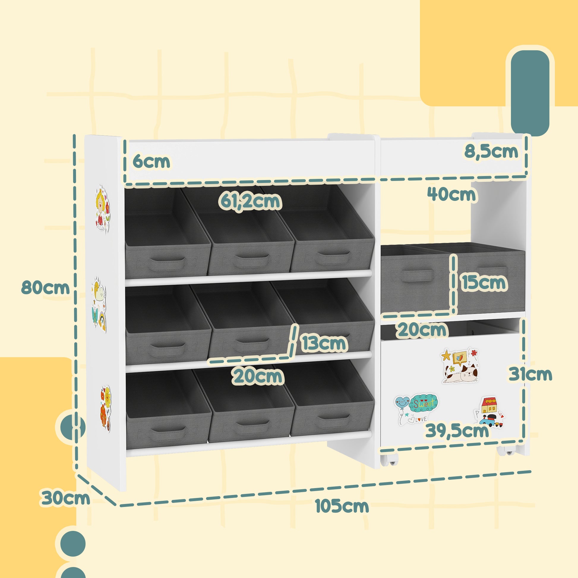 Toy Storage Shelf for Kids Children's Organizer with 11 Removable Baskets Compartments and Sticker Sheets for Nursery Playroom 105x30x80 cm White