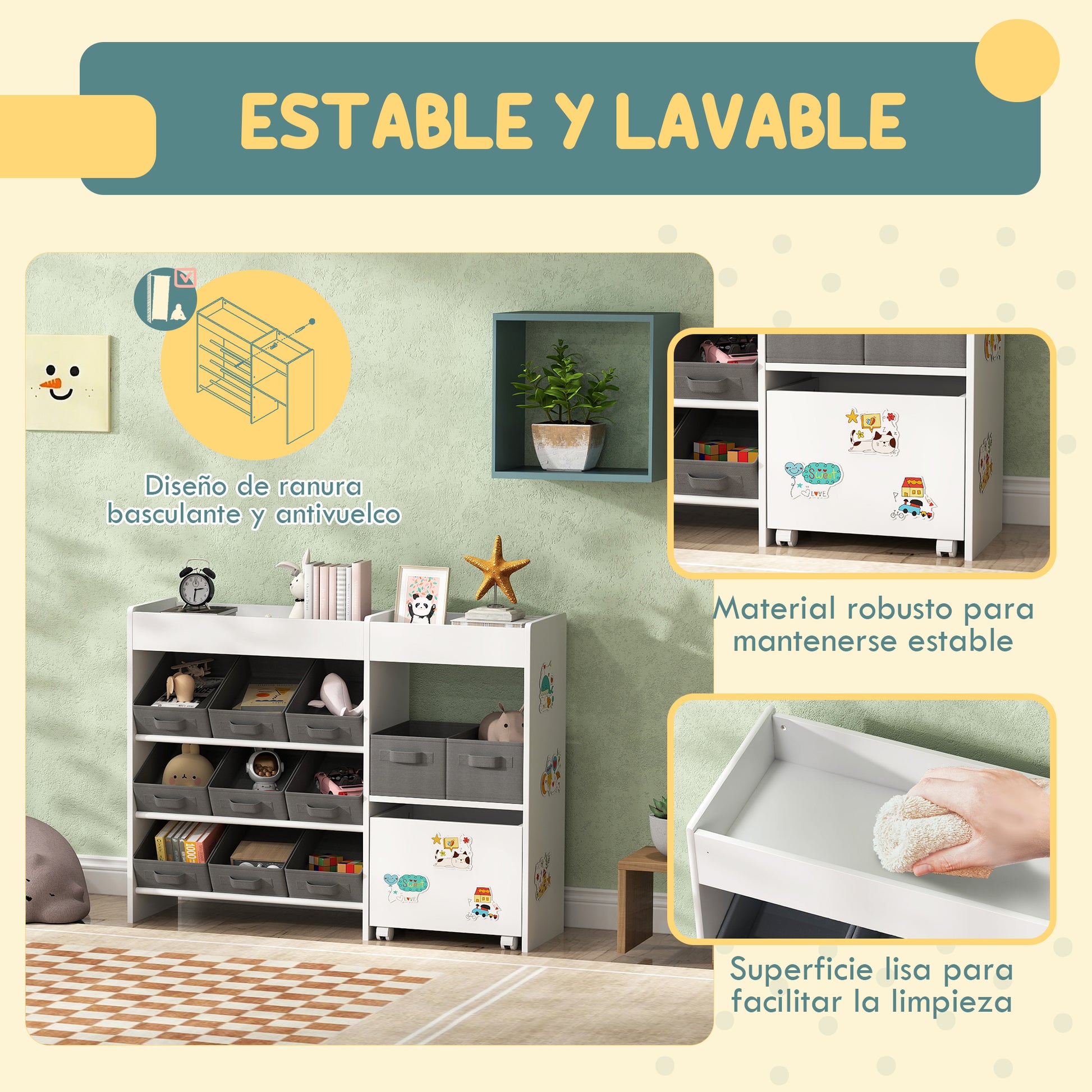 Toy Storage Shelf for Kids Children's Organizer with 11 Removable Baskets Compartments and Sticker Sheets for Nursery Playroom 105x30x80 cm White