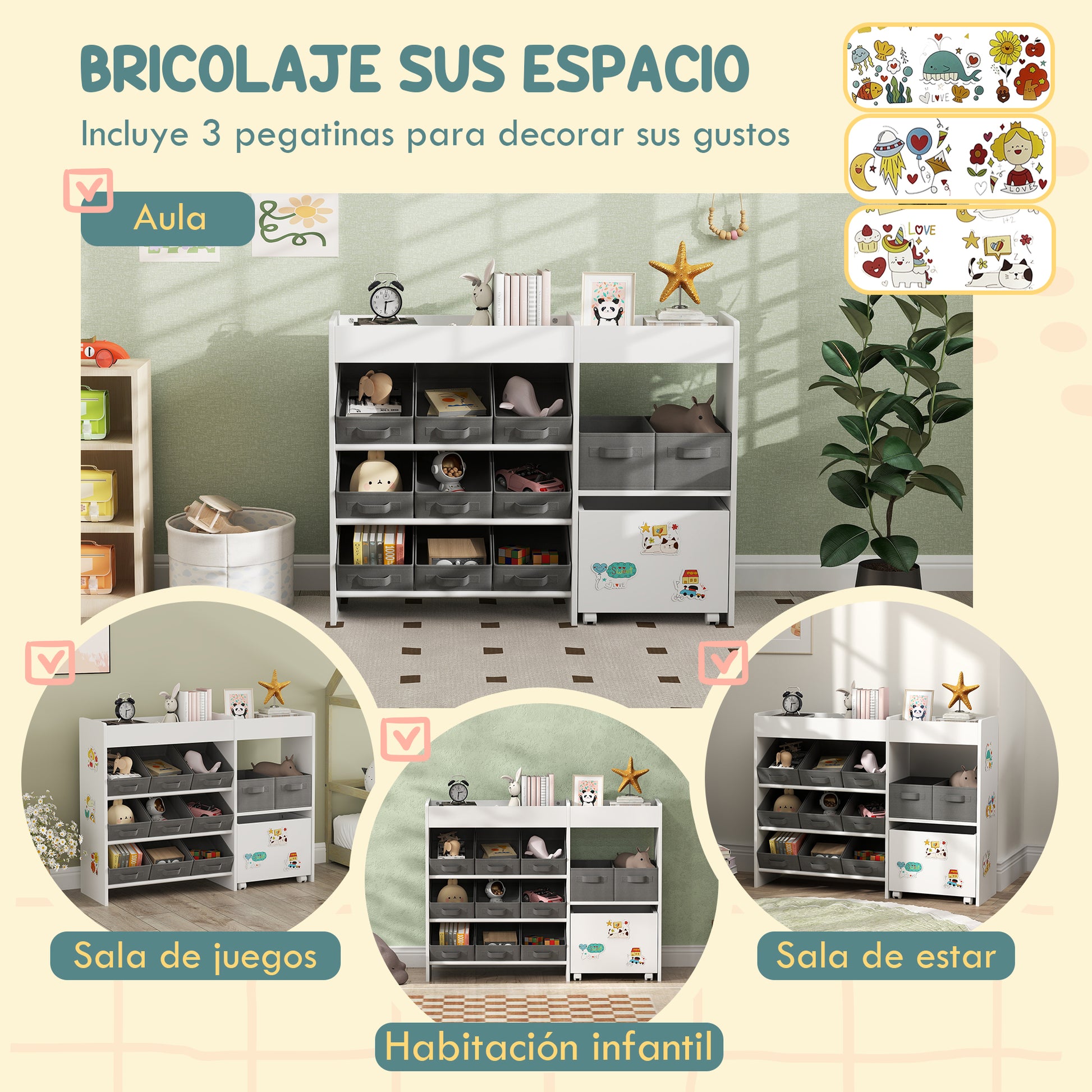 Toy Storage Shelf for Kids Children's Organizer with 11 Removable Baskets Compartments and Sticker Sheets for Nursery Playroom 105x30x80 cm White