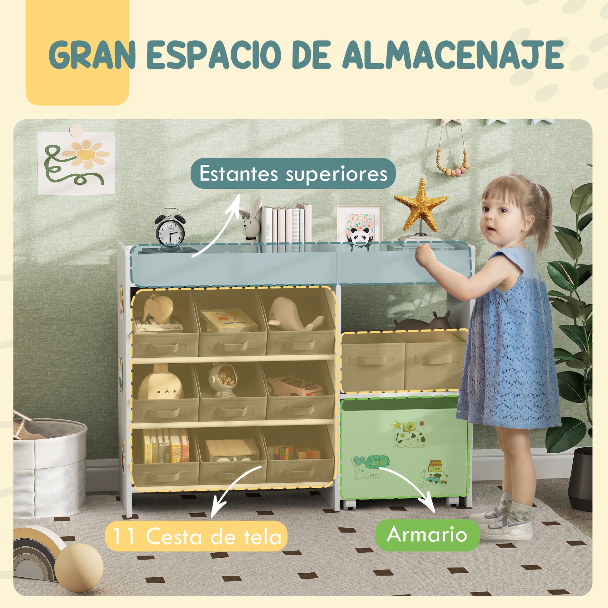 Toy Storage Shelf for Kids Children's Organizer with 11 Removable Baskets Compartments and Sticker Sheets for Nursery Playroom 105x30x80 cm White