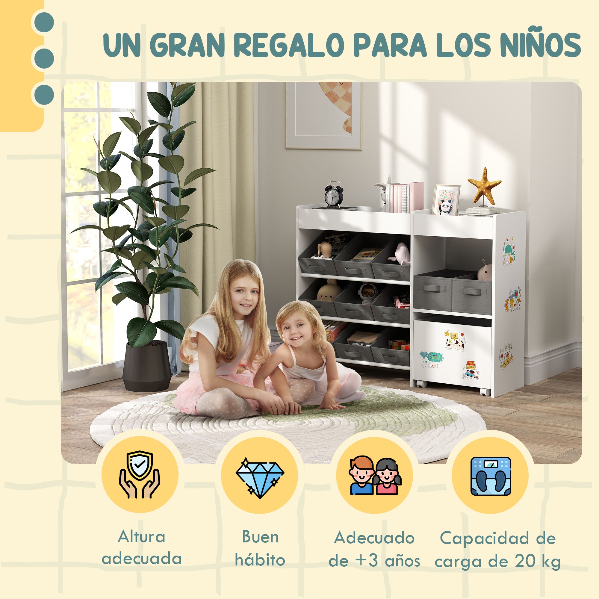 Toy Storage Shelf for Kids Children's Organizer with 11 Removable Baskets Compartments and Sticker Sheets for Nursery Playroom 105x30x80 cm White