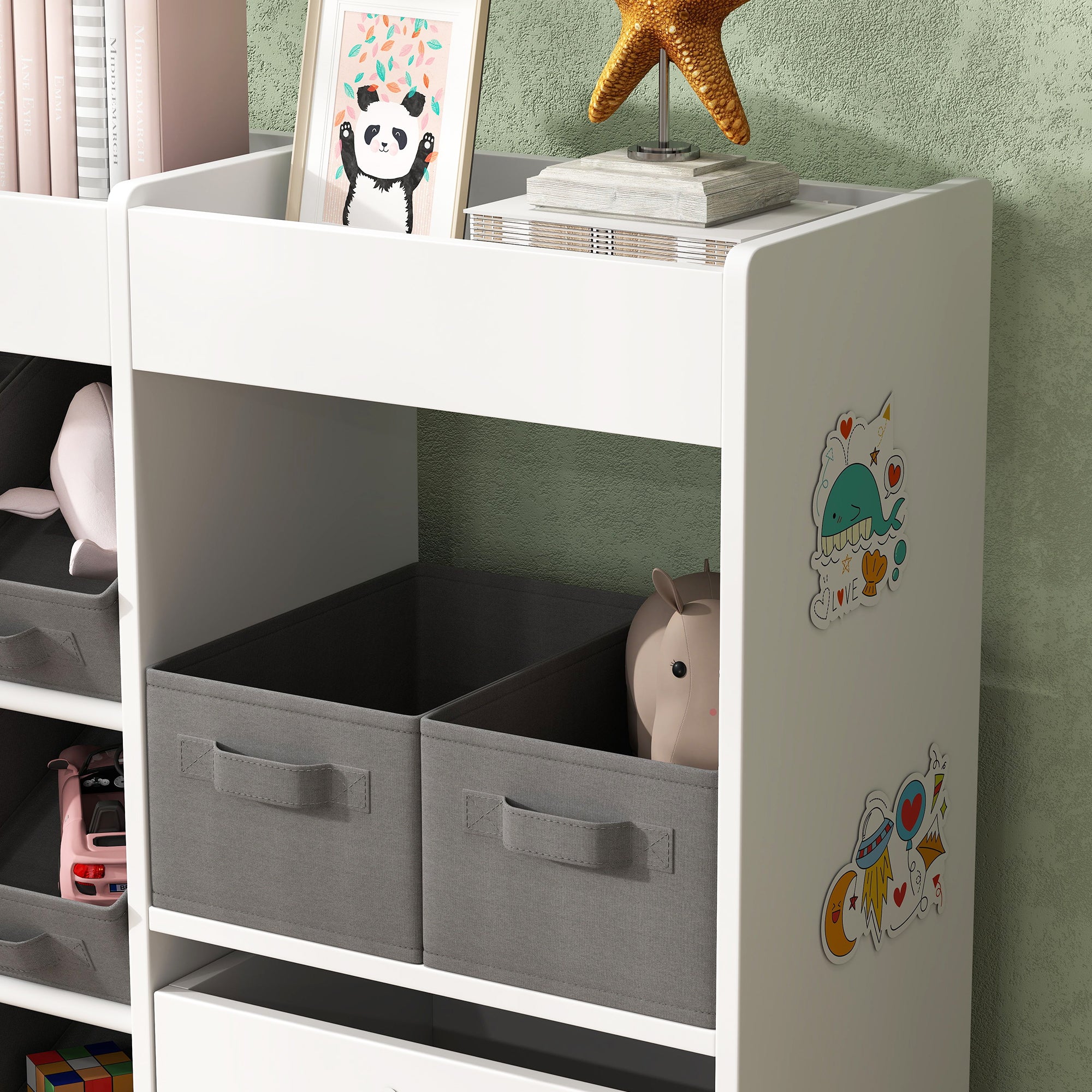 Toy Storage Shelf for Kids Children's Organizer with 11 Removable Baskets Compartments and Sticker Sheets for Nursery Playroom 105x30x80 cm White