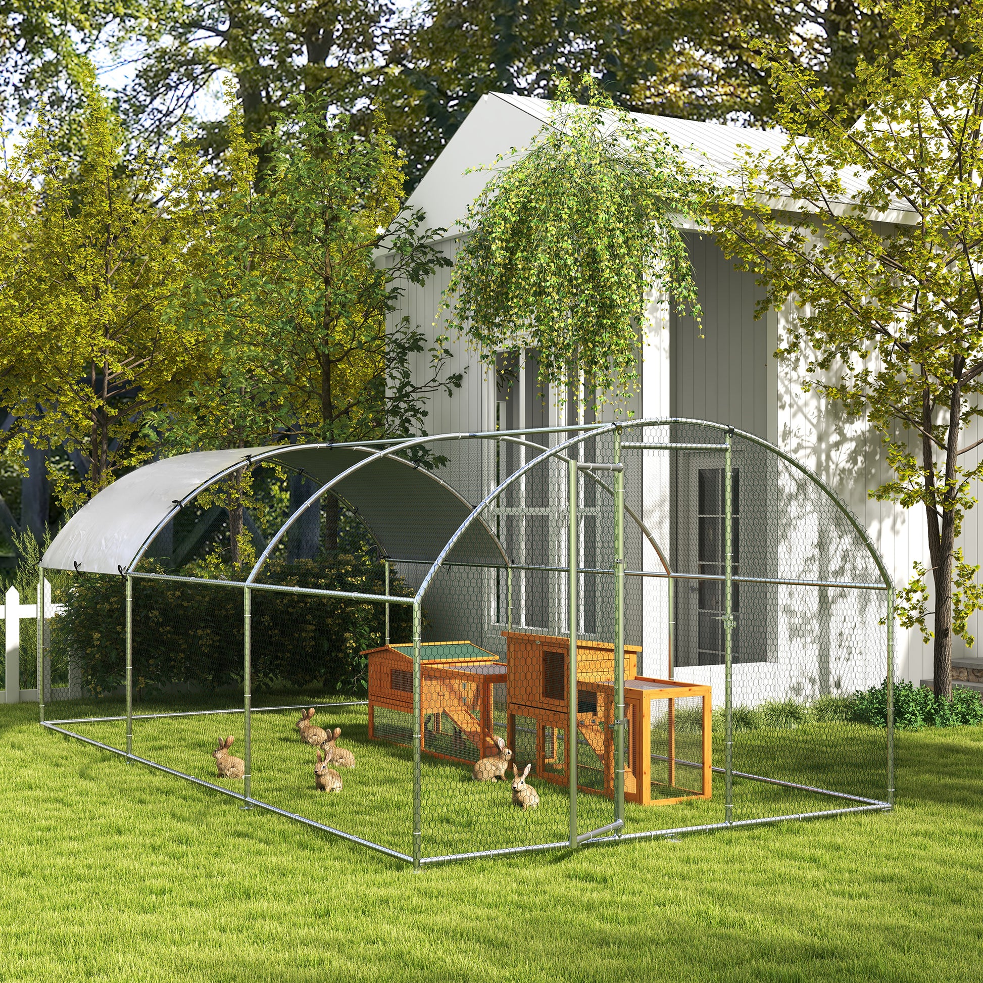 Rabbit Hutch with Outdoor Enclosure, Bottom Tray, Ramp, Wooden Small Animal Hutch Guinea Pig Run with 2 Levels, Viewing Window, for Dwarf Rabbits 156x58x68 cm, Orange