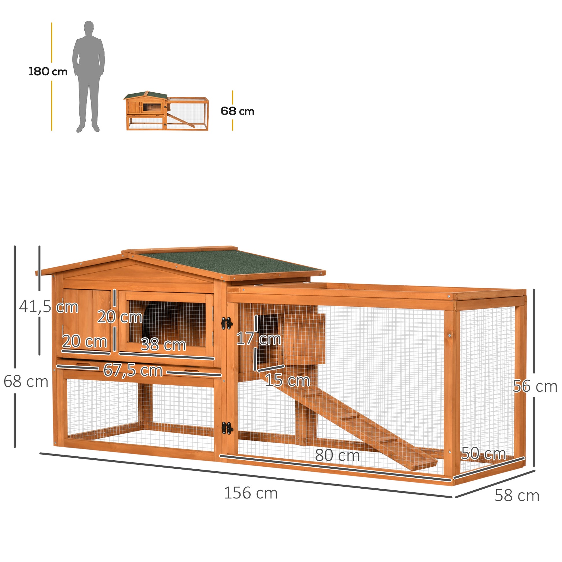 Rabbit Hutch with Outdoor Enclosure, Bottom Tray, Ramp, Wooden Small Animal Hutch Guinea Pig Run with 2 Levels, Viewing Window, for Dwarf Rabbits 156x58x68 cm, Orange
