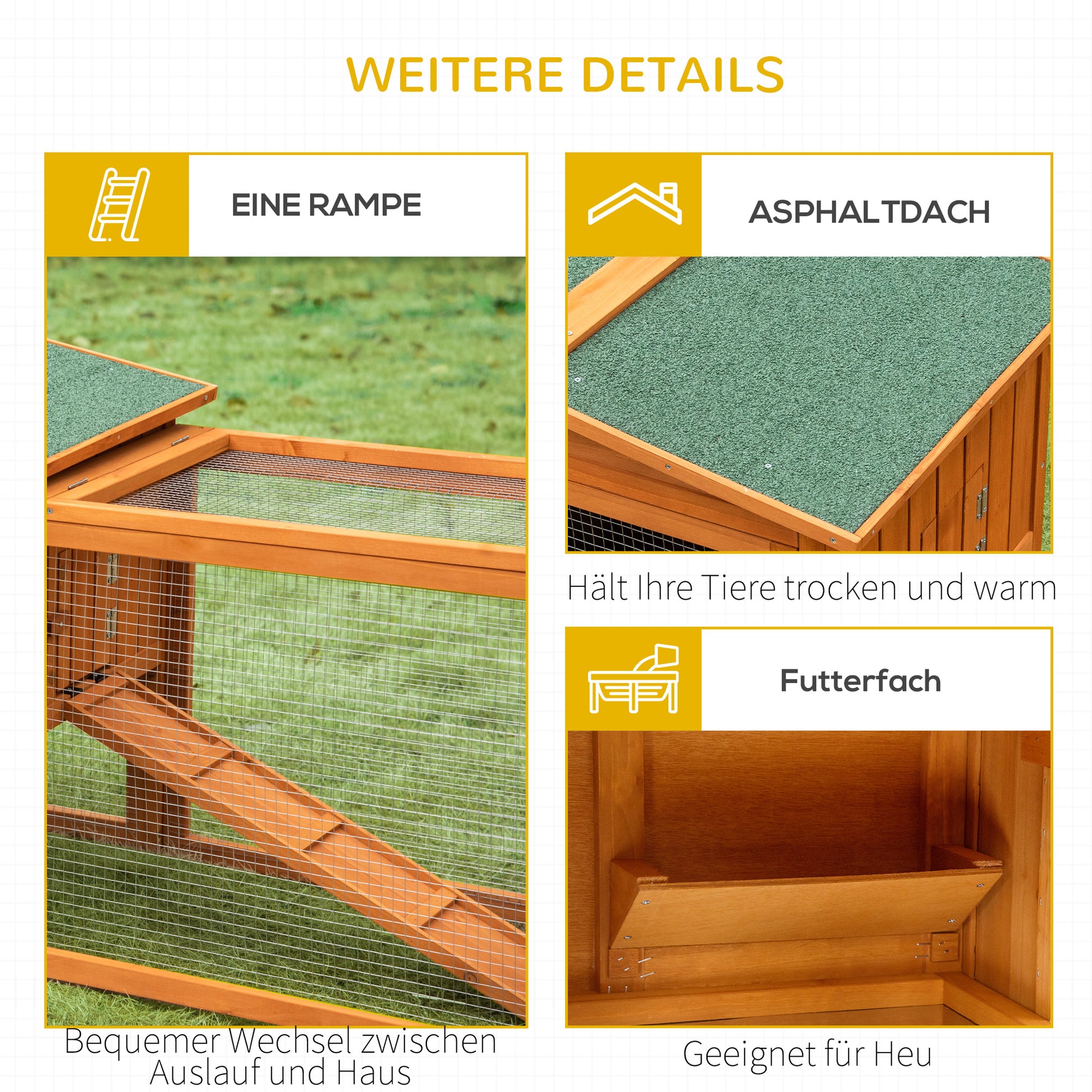Rabbit Hutch with Outdoor Enclosure, Bottom Tray, Ramp, Wooden Small Animal Hutch Guinea Pig Run with 2 Levels, Viewing Window, for Dwarf Rabbits 156x58x68 cm, Orange