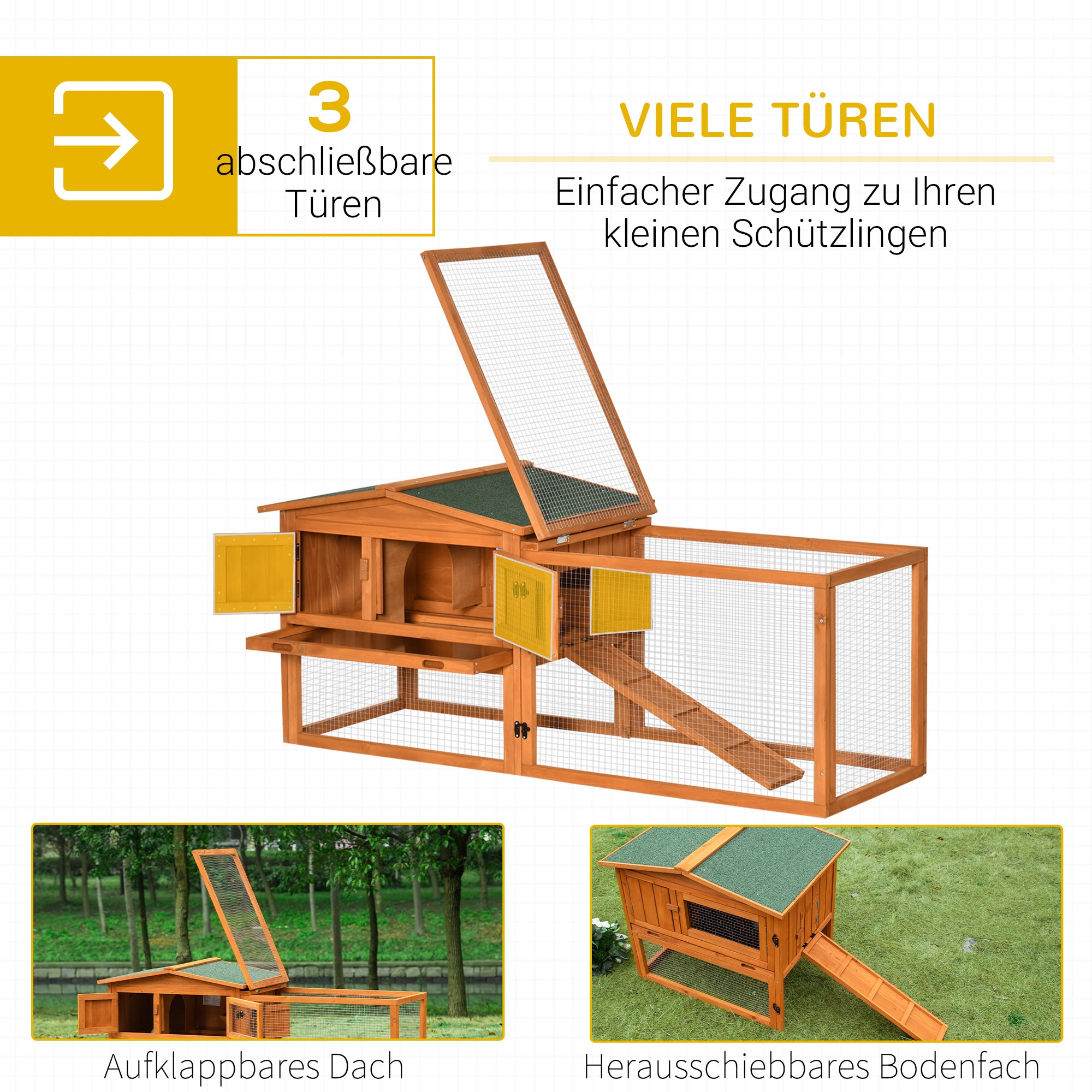 Rabbit Hutch with Outdoor Enclosure, Bottom Tray, Ramp, Wooden Small Animal Hutch Guinea Pig Run with 2 Levels, Viewing Window, for Dwarf Rabbits 156x58x68 cm, Orange