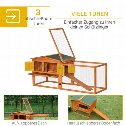 Rabbit Hutch with Outdoor Enclosure, Bottom Tray, Ramp, Wooden Small Animal Hutch Guinea Pig Run with 2 Levels, Viewing Window, for Dwarf Rabbits 156x58x68 cm, Orange