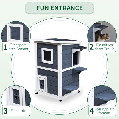 Wooden Cat House 2 Floors Winterproof Waterproof Cat Shelter with Asphalt Roof Stairs Window Cat Cave Outdoor Shelter for Outside Garden Balcony 51 x 51 x 81.3 cm Grey