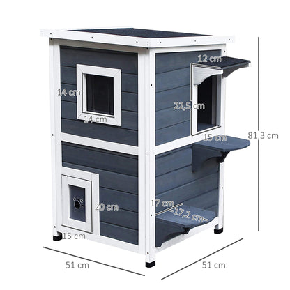 Wooden Cat House 2 Floors Winterproof Waterproof Cat Shelter with Asphalt Roof Stairs Window Cat Cave Outdoor Shelter for Outside Garden Balcony 51 x 51 x 81.3 cm Grey