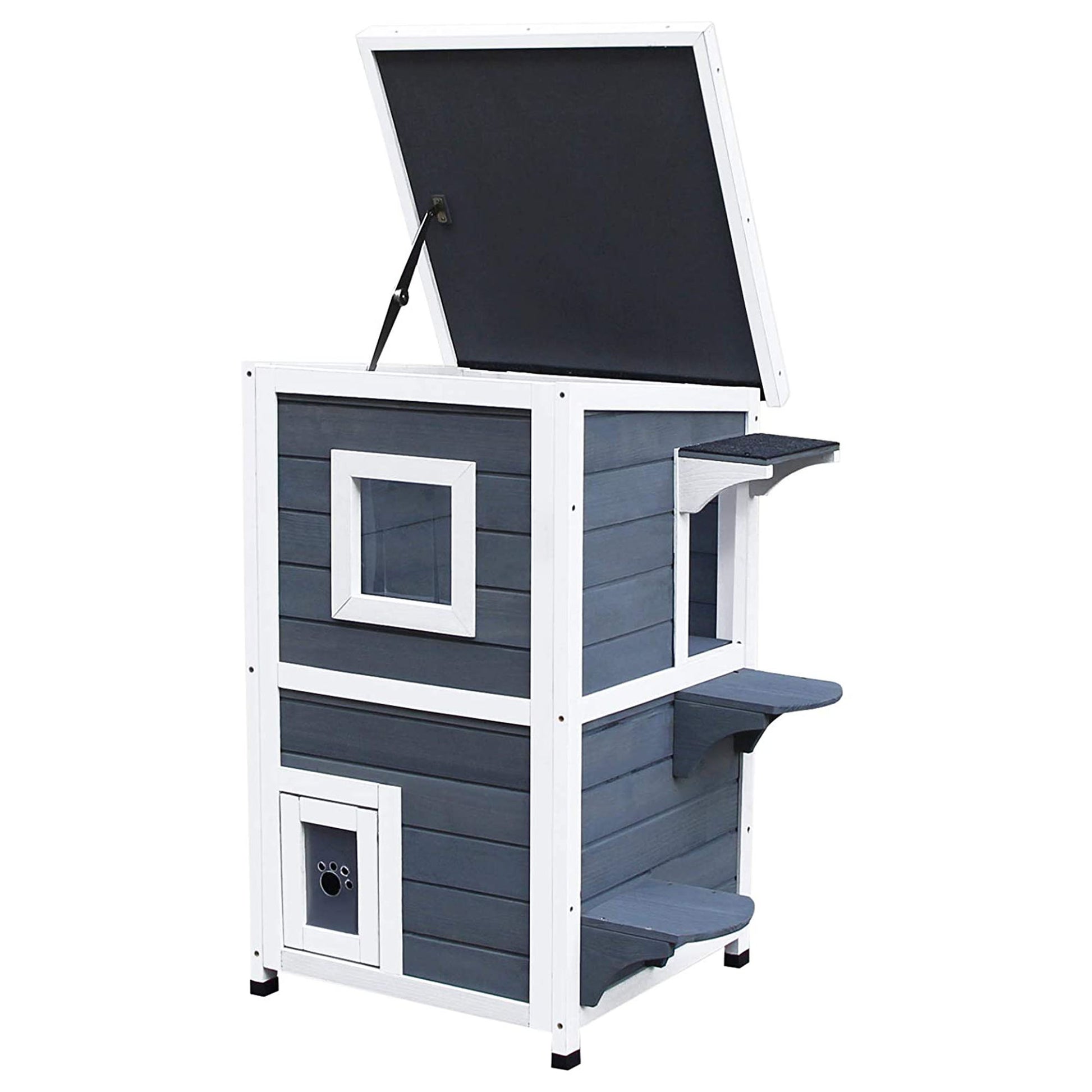 Wooden Cat House 2 Floors Winterproof Waterproof Cat Shelter with Asphalt Roof Stairs Window Cat Cave Outdoor Shelter for Outside Garden Balcony 51 x 51 x 81.3 cm Grey