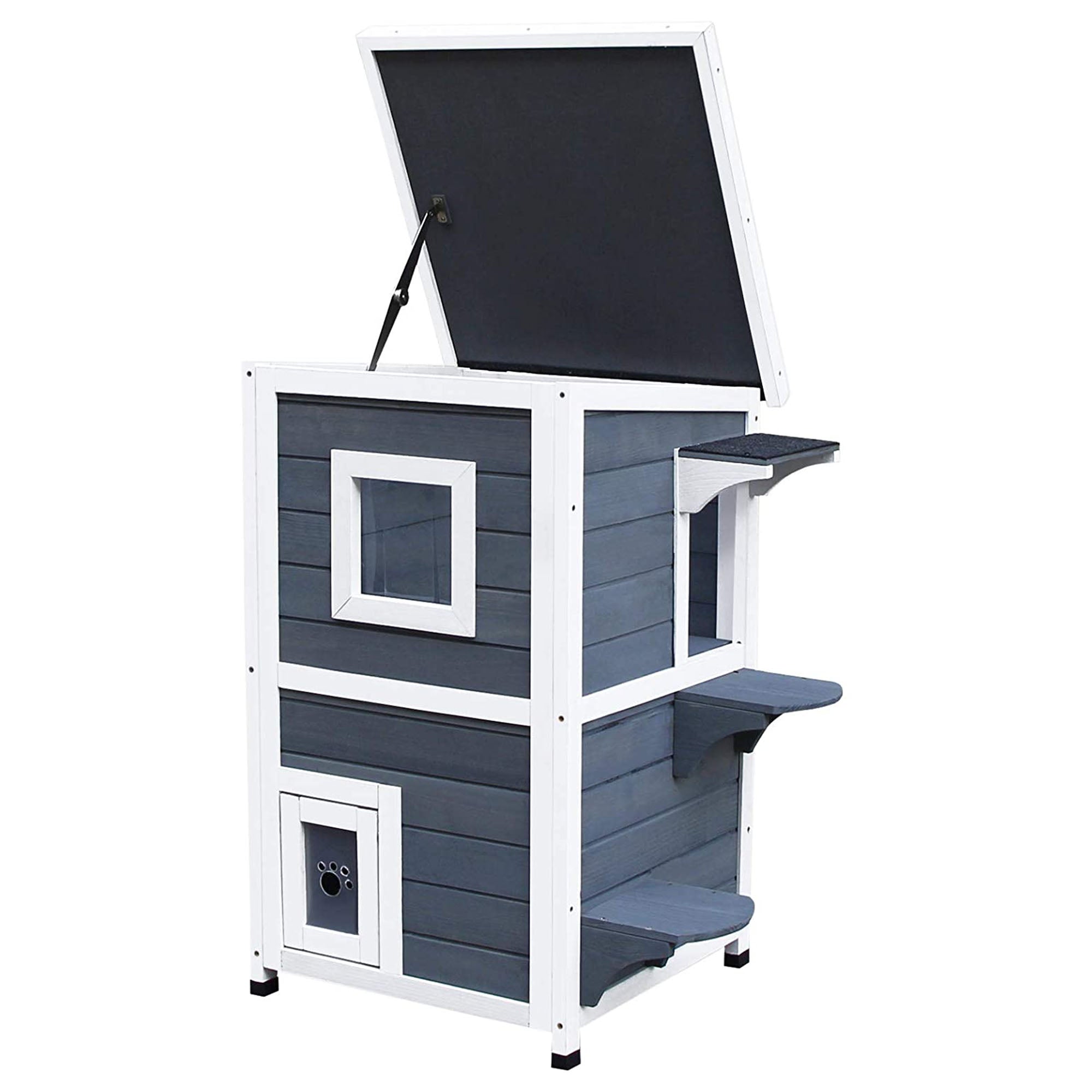 Wooden Cat House 2 Floors Winterproof Waterproof Cat Shelter with Asphalt Roof Stairs Window Cat Cave Outdoor Shelter for Outside Garden Balcony 51 x 51 x 81.3 cm Grey