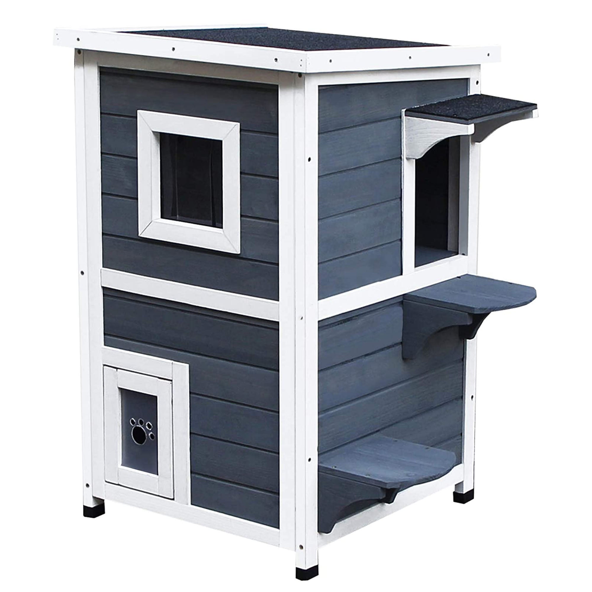 Wooden Cat House 2 Floors Winterproof Waterproof Cat Shelter with Asphalt Roof Stairs Window Cat Cave Outdoor Shelter for Outside Garden Balcony 51 x 51 x 81.3 cm Grey