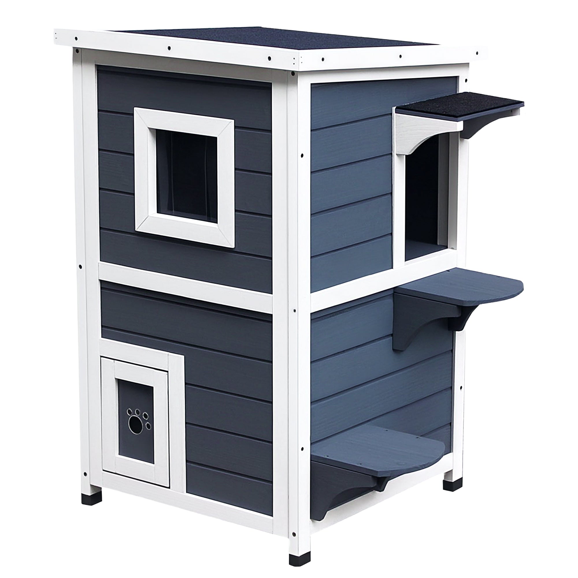 Wooden Cat House 2 Floors Winterproof Waterproof Cat Shelter with Asphalt Roof Stairs Window Cat Cave Outdoor Shelter for Outside Garden Balcony 51 x 51 x 81.3 cm Grey
