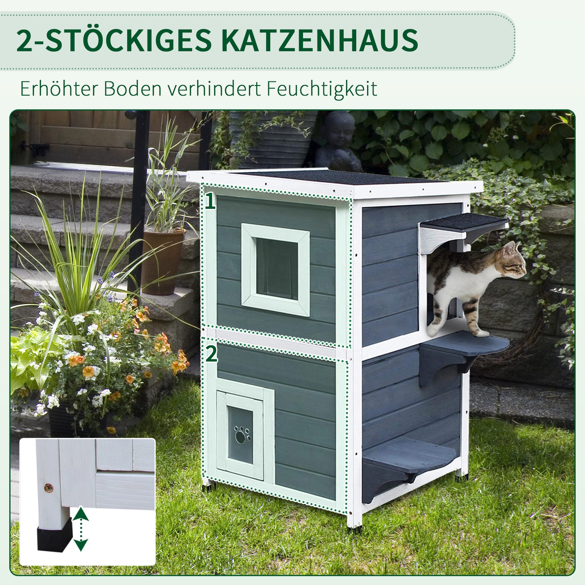 Wooden Cat House 2 Floors Winterproof Waterproof Cat Shelter with Asphalt Roof Stairs Window Cat Cave Outdoor Shelter for Outside Garden Balcony 51 x 51 x 81.3 cm Grey