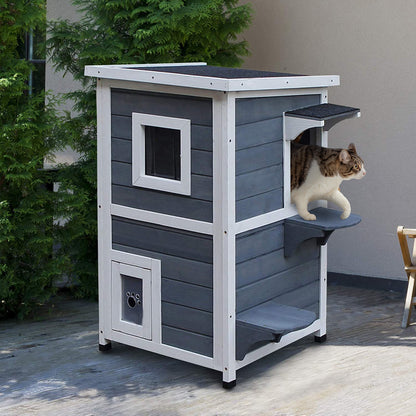 Wooden Cat House 2 Floors Winterproof Waterproof Cat Shelter with Asphalt Roof Stairs Window Cat Cave Outdoor Shelter for Outside Garden Balcony 51 x 51 x 81.3 cm Grey