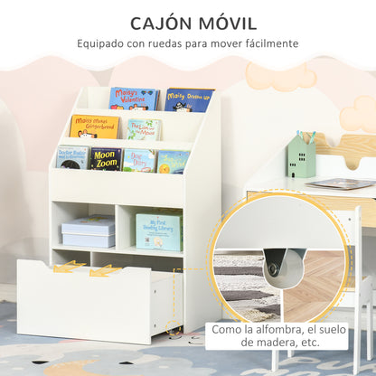 Kids' Wooden Bookcase with 3 Compartments, 2 Cubes, and Mobile Drawer with 4 Wheels Children's Bookshelf for Kids' Room Playroom 60x29.9x90 cm White