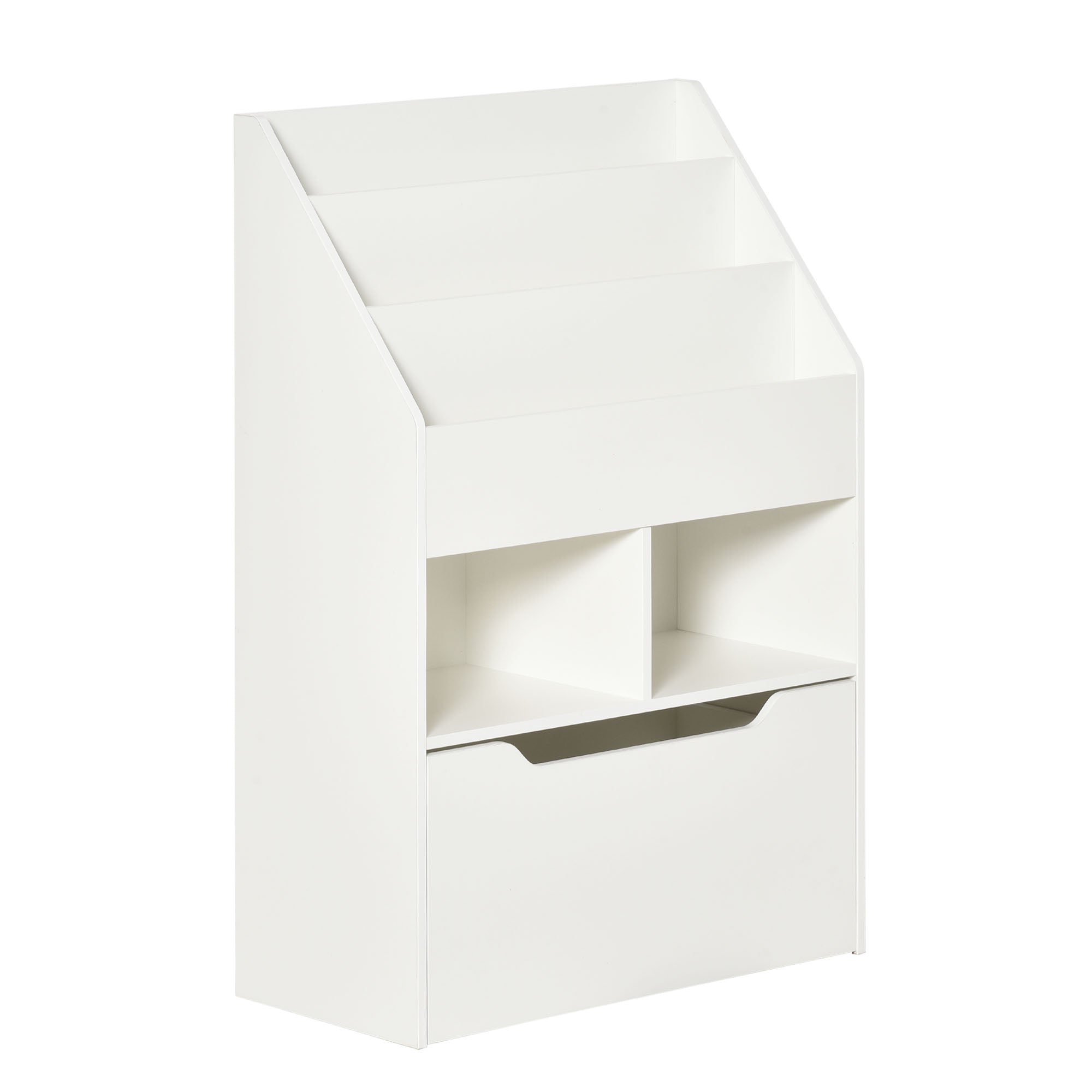 Kids' Wooden Bookcase with 3 Compartments, 2 Cubes, and Mobile Drawer with 4 Wheels Children's Bookshelf for Kids' Room Playroom 60x29.9x90 cm White