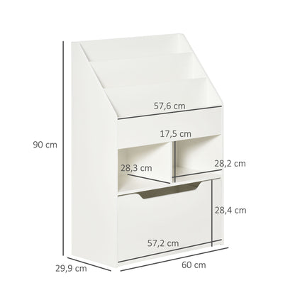 Kids' Wooden Bookcase with 3 Compartments, 2 Cubes, and Mobile Drawer with 4 Wheels Children's Bookshelf for Kids' Room Playroom 60x29.9x90 cm White