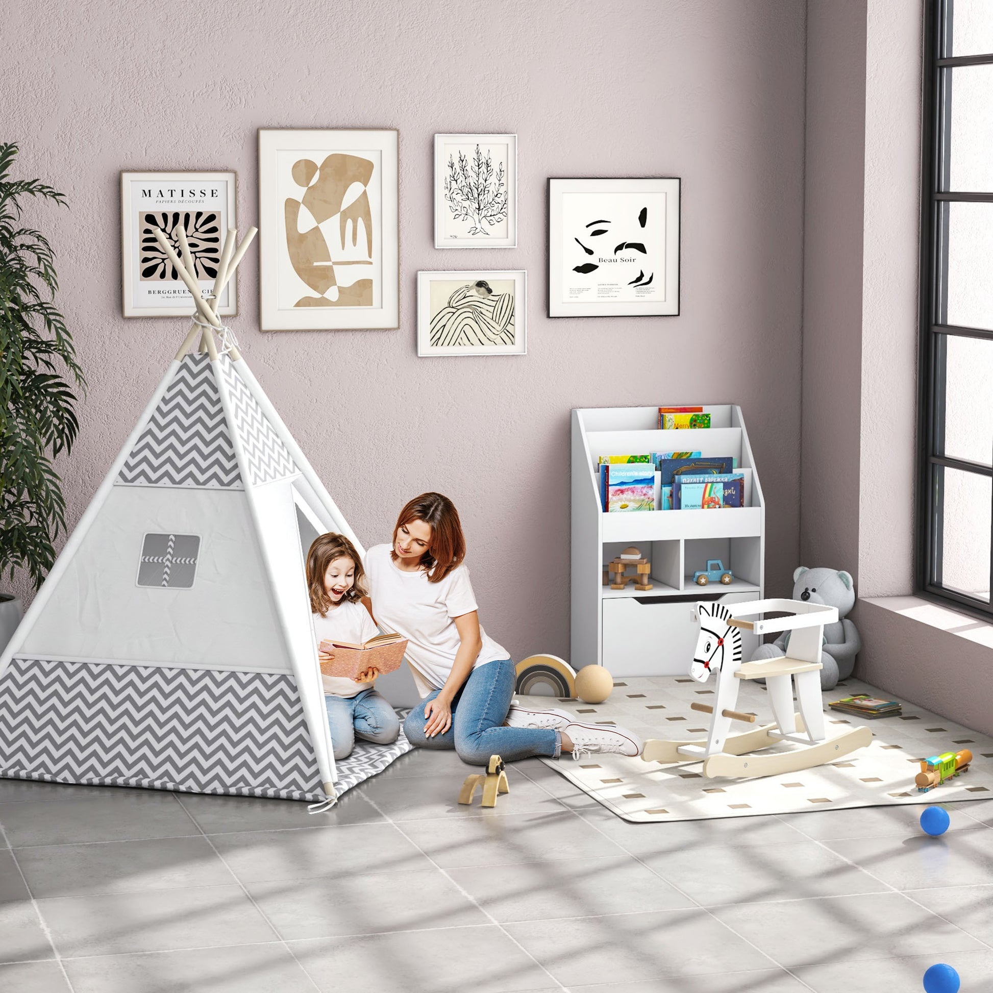 Kids' Wooden Bookcase with 3 Compartments, 2 Cubes, and Mobile Drawer with 4 Wheels Children's Bookshelf for Kids' Room Playroom 60x29.9x90 cm White