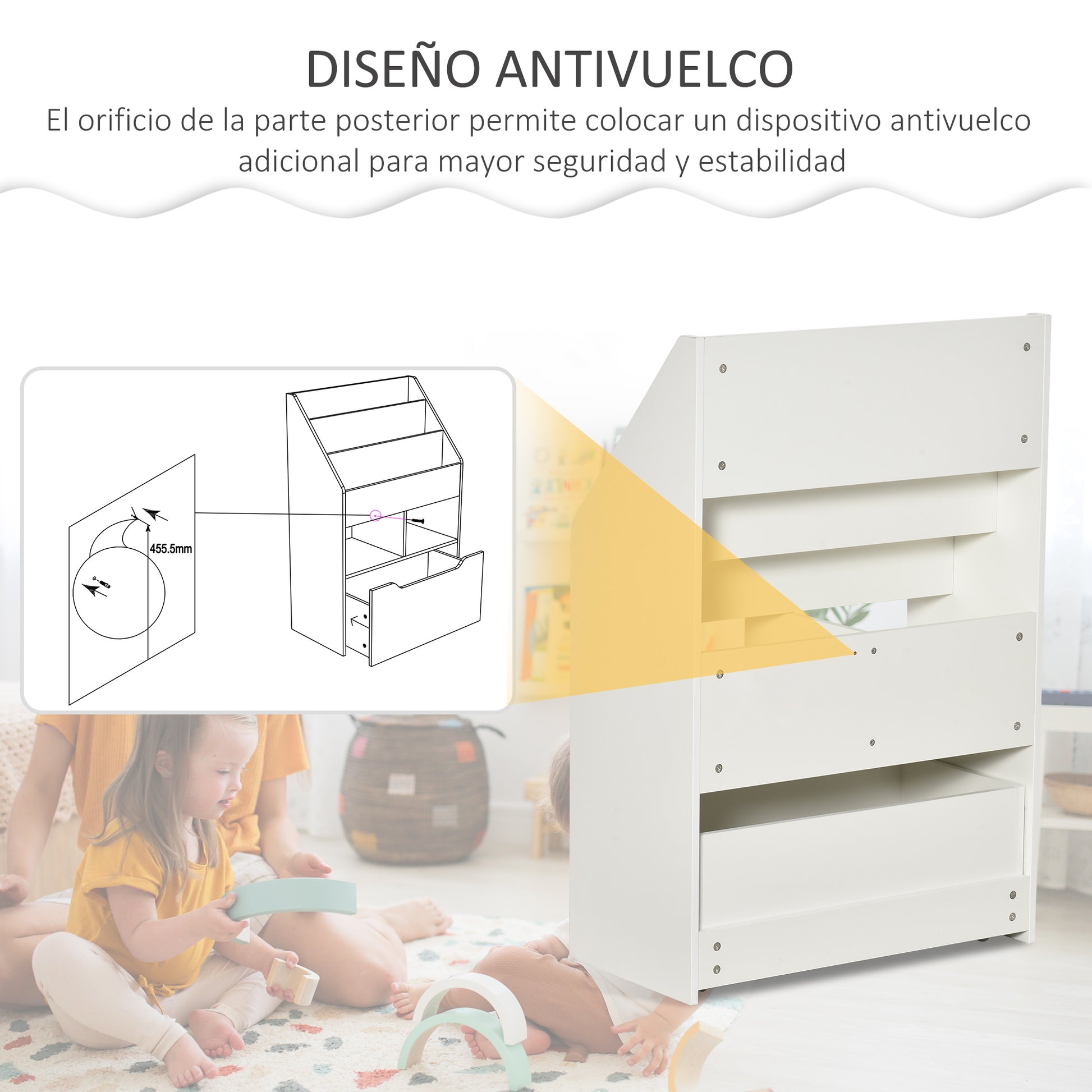 Kids' Wooden Bookcase with 3 Compartments, 2 Cubes, and Mobile Drawer with 4 Wheels Children's Bookshelf for Kids' Room Playroom 60x29.9x90 cm White