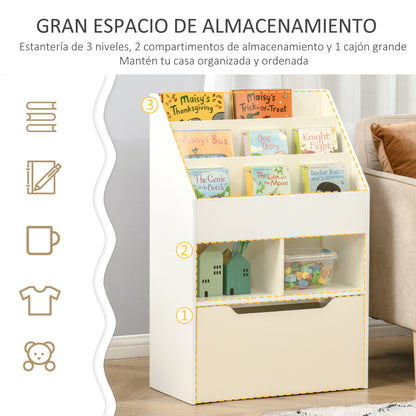 Kids' Wooden Bookcase with 3 Compartments, 2 Cubes, and Mobile Drawer with 4 Wheels Children's Bookshelf for Kids' Room Playroom 60x29.9x90 cm White