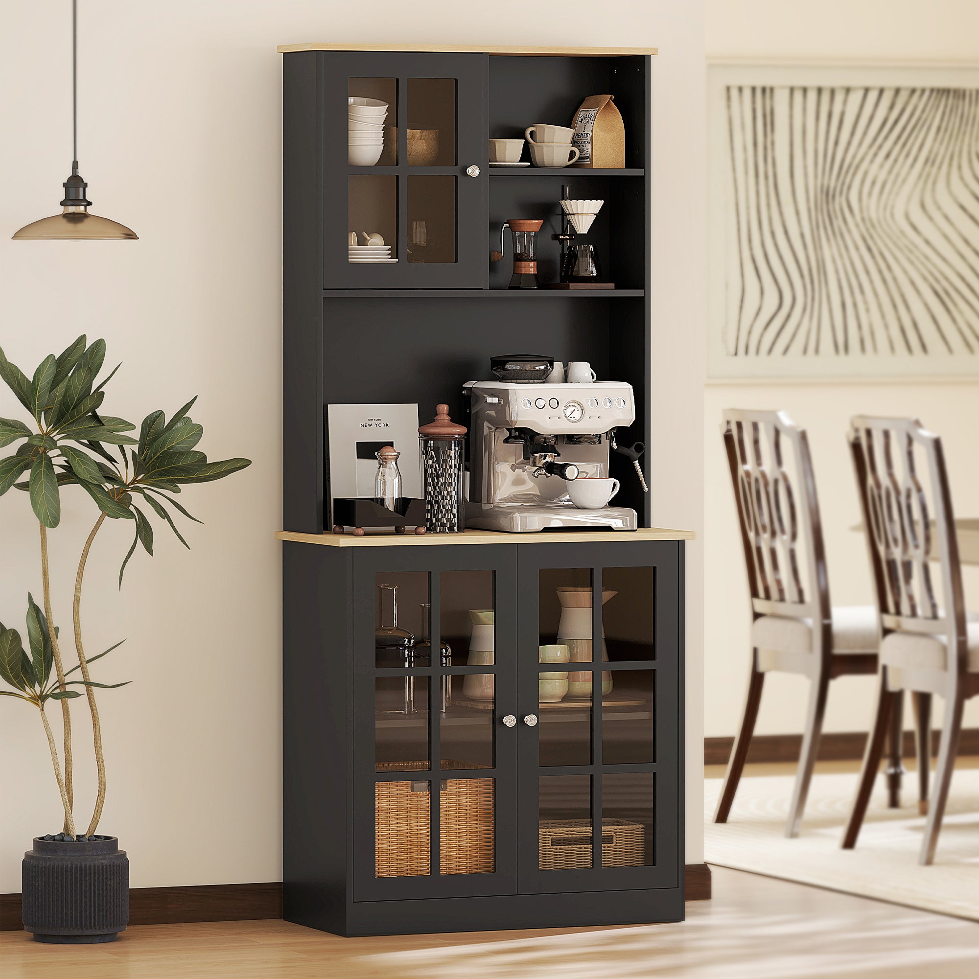 Kitchen Buffet, High Kitchen Storage Cabinet, Storage Unit with Worktop, 3 Glass Doors, 2 Niches, and Adjustable Shelves, 80 x 37 x 183 cm, Black Oak