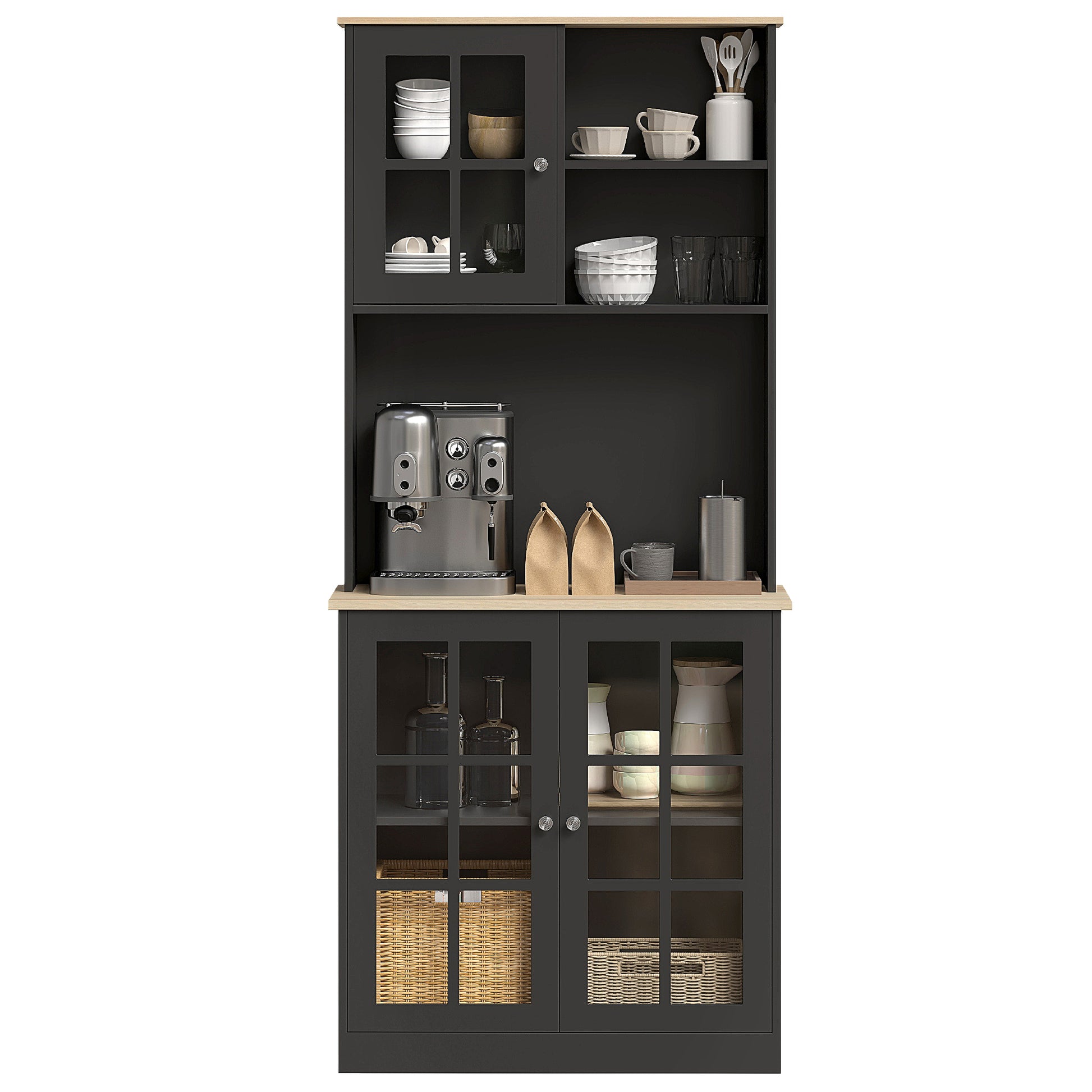 Kitchen Buffet, High Kitchen Storage Cabinet, Storage Unit with Worktop, 3 Glass Doors, 2 Niches, and Adjustable Shelves, 80 x 37 x 183 cm, Black Oak
