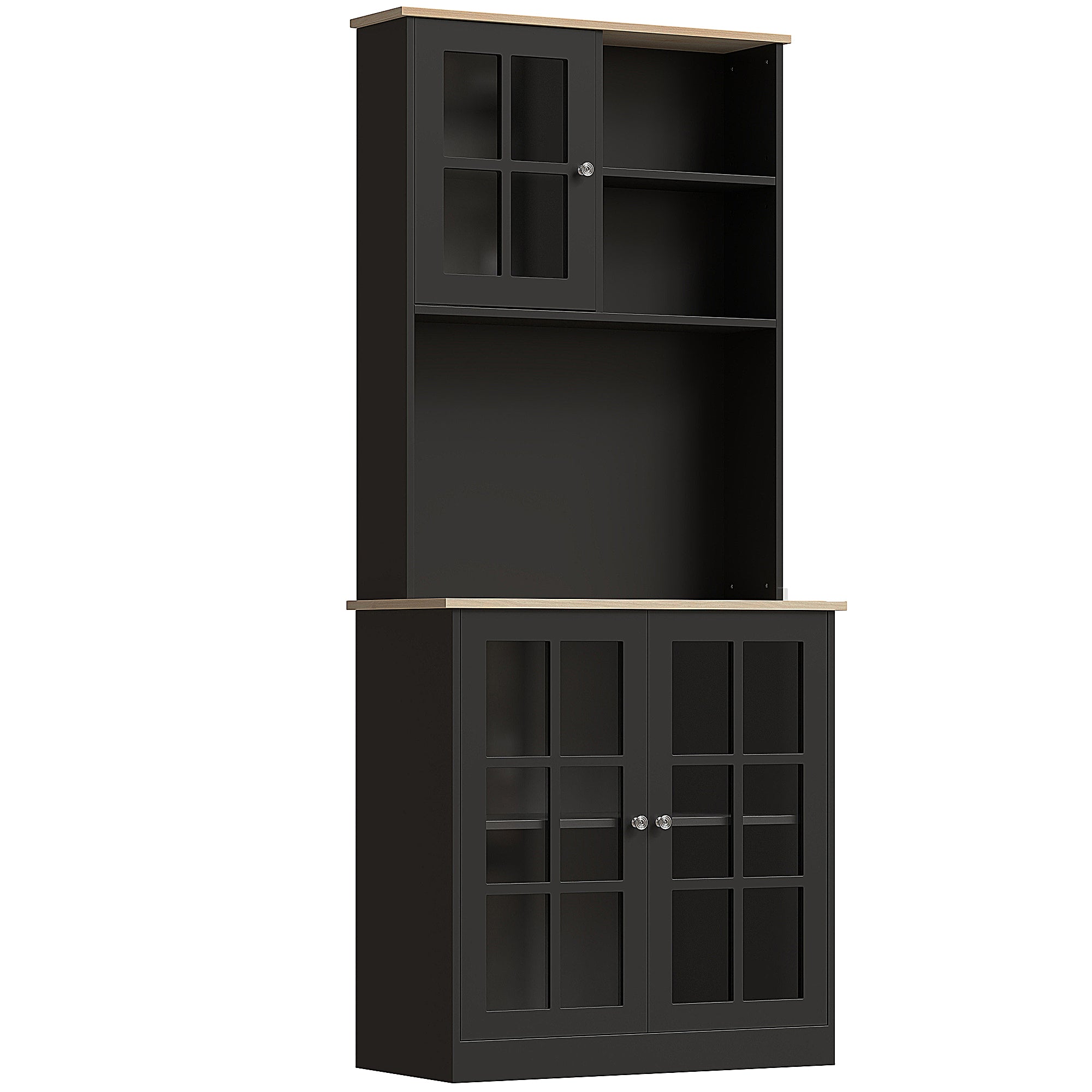 Kitchen Buffet, High Kitchen Storage Cabinet, Storage Unit with Worktop, 3 Glass Doors, 2 Niches, and Adjustable Shelves, 80 x 37 x 183 cm, Black Oak