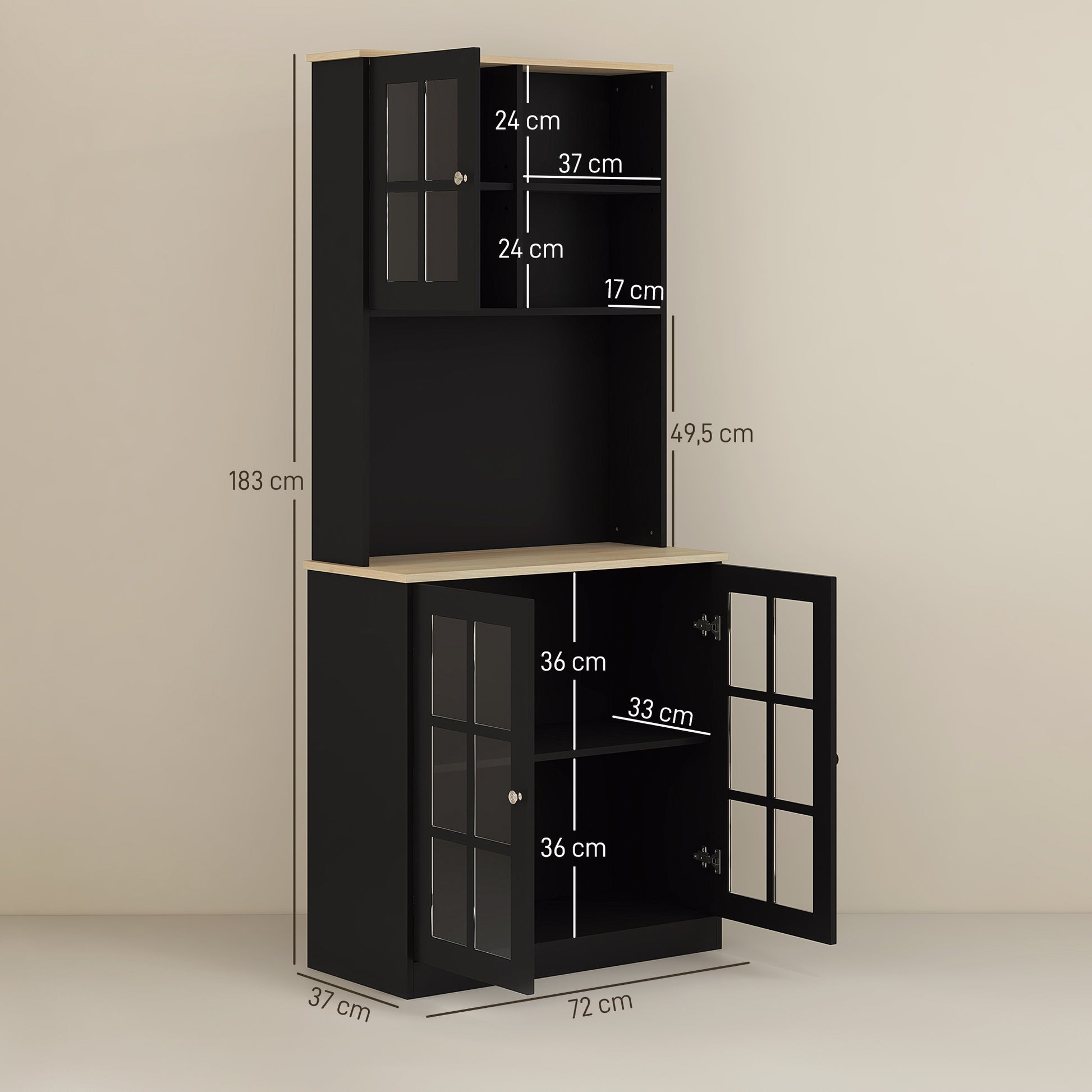 Kitchen Buffet, High Kitchen Storage Cabinet, Storage Unit with Worktop, 3 Glass Doors, 2 Niches, and Adjustable Shelves, 80 x 37 x 183 cm, Black Oak
