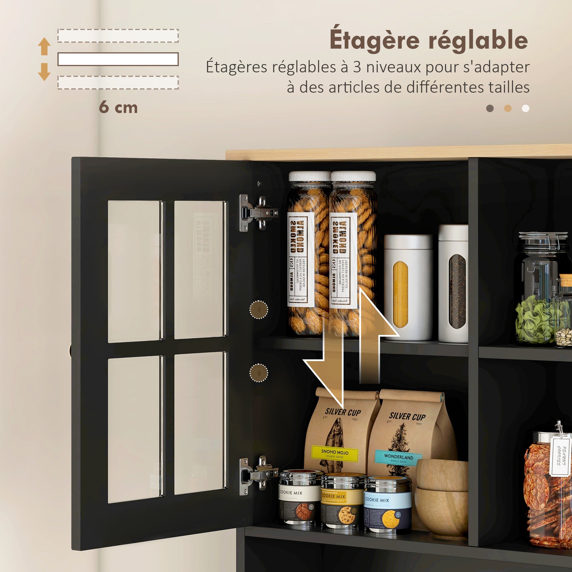 Kitchen Buffet, High Kitchen Storage Cabinet, Storage Unit with Worktop, 3 Glass Doors, 2 Niches, and Adjustable Shelves, 80 x 37 x 183 cm, Black Oak