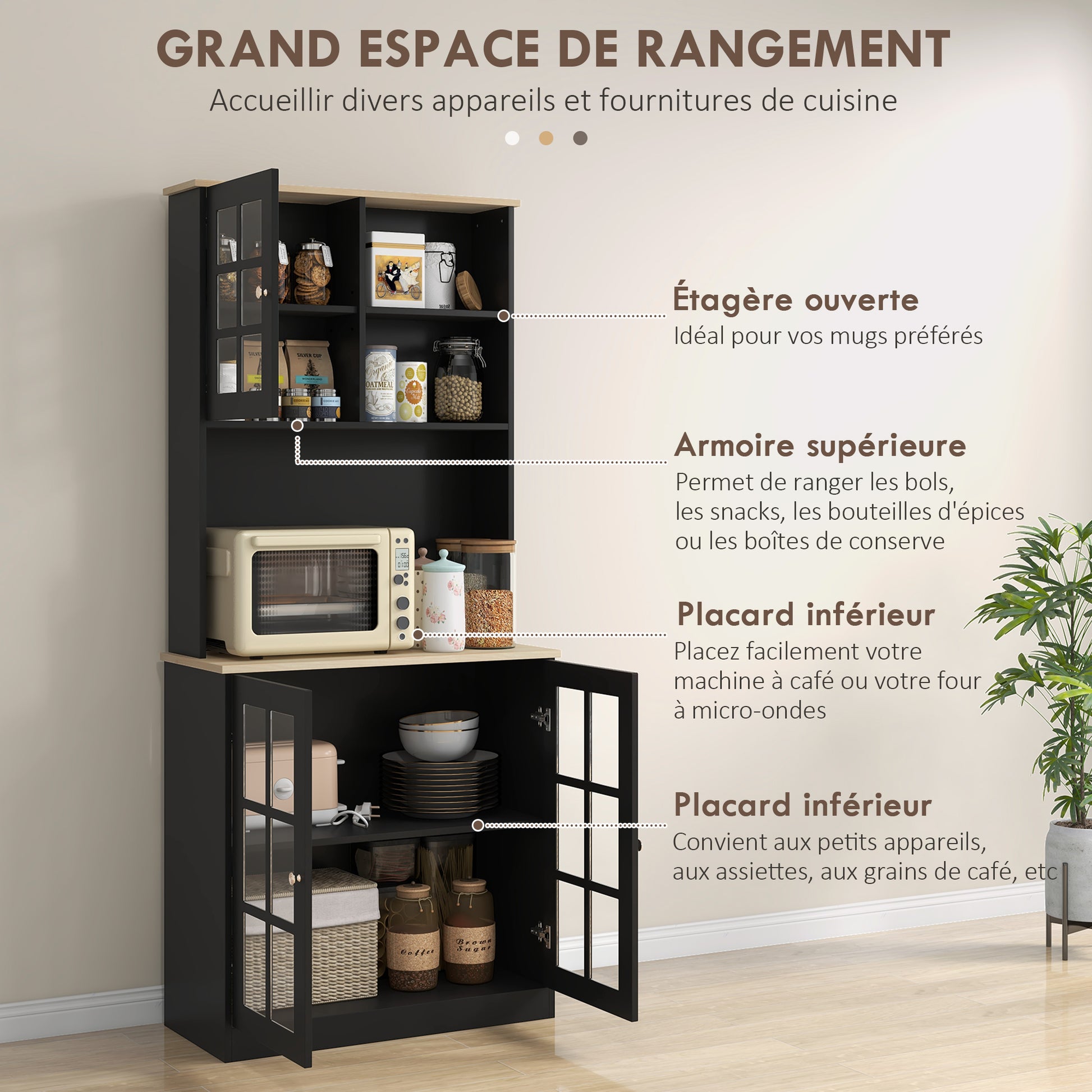 Kitchen Buffet, High Kitchen Storage Cabinet, Storage Unit with Worktop, 3 Glass Doors, 2 Niches, and Adjustable Shelves, 80 x 37 x 183 cm, Black Oak