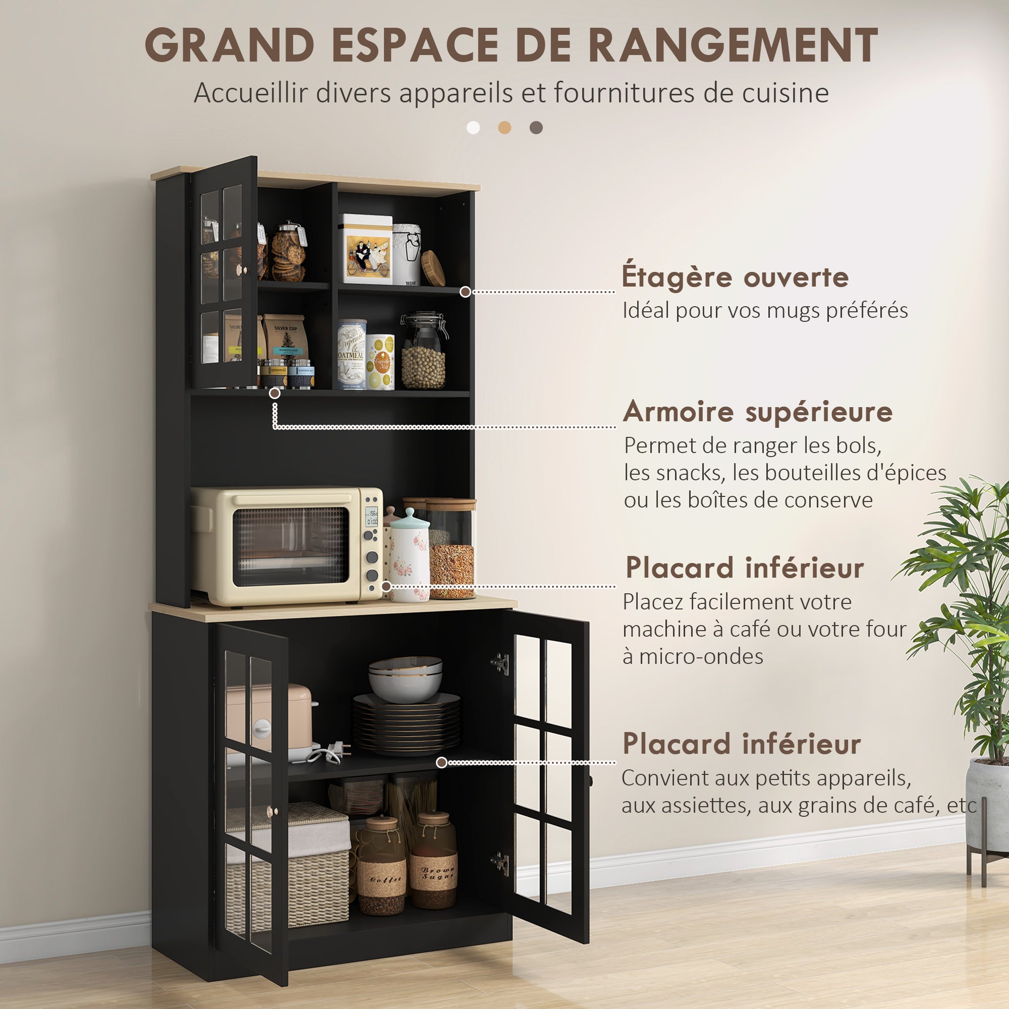 Kitchen Buffet, High Kitchen Storage Cabinet, Storage Unit with Worktop, 3 Glass Doors, 2 Niches, and Adjustable Shelves, 80 x 37 x 183 cm, Black Oak