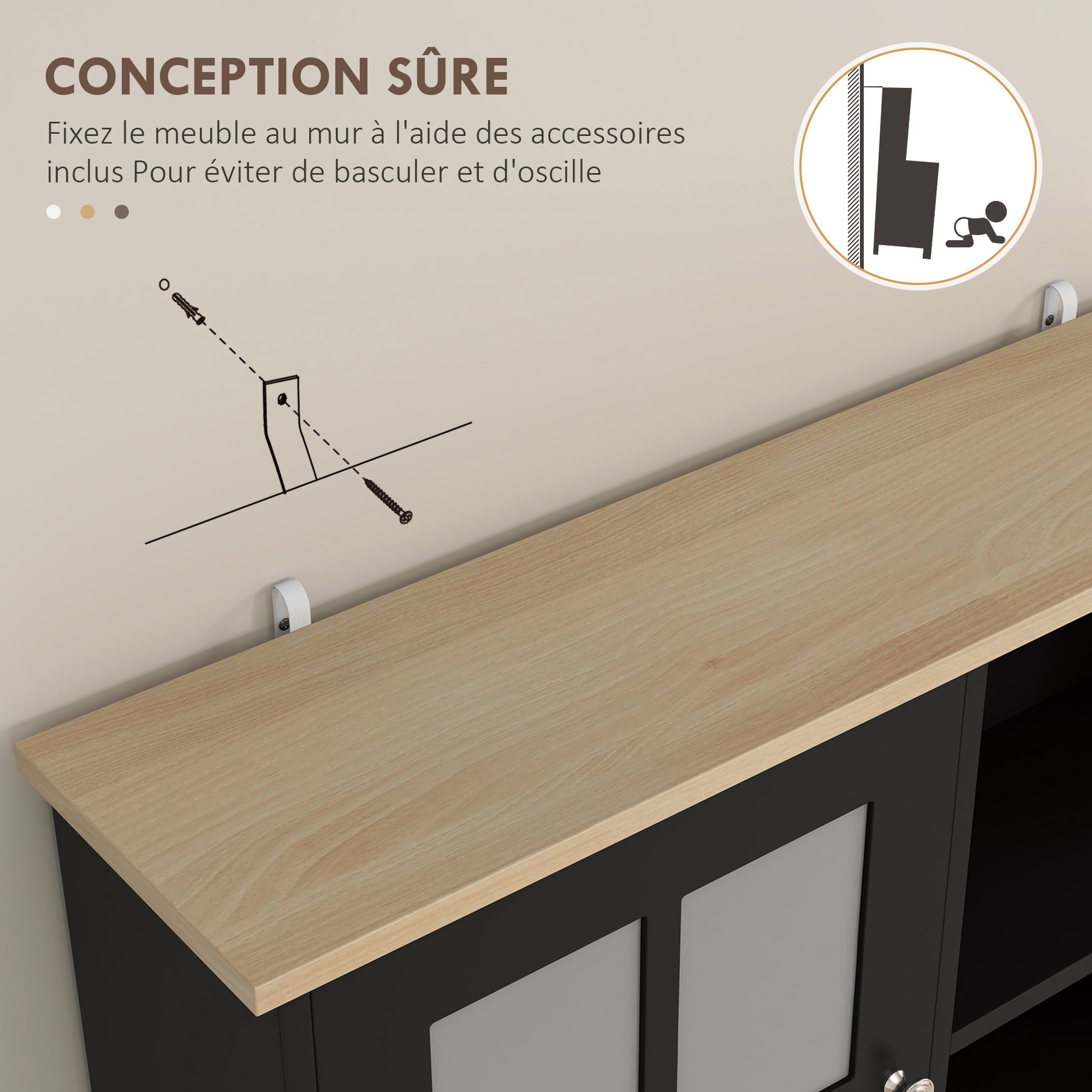 Kitchen Buffet, High Kitchen Storage Cabinet, Storage Unit with Worktop, 3 Glass Doors, 2 Niches, and Adjustable Shelves, 80 x 37 x 183 cm, Black Oak