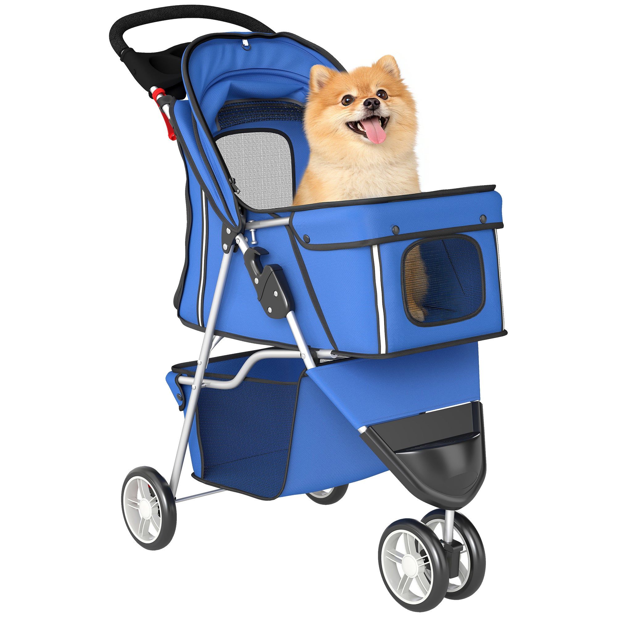 Foldable Pet Stroller for Small Dogs — Mesh Windows, Storage Basket & Cup Holder, 22 lb Capacity, Blue