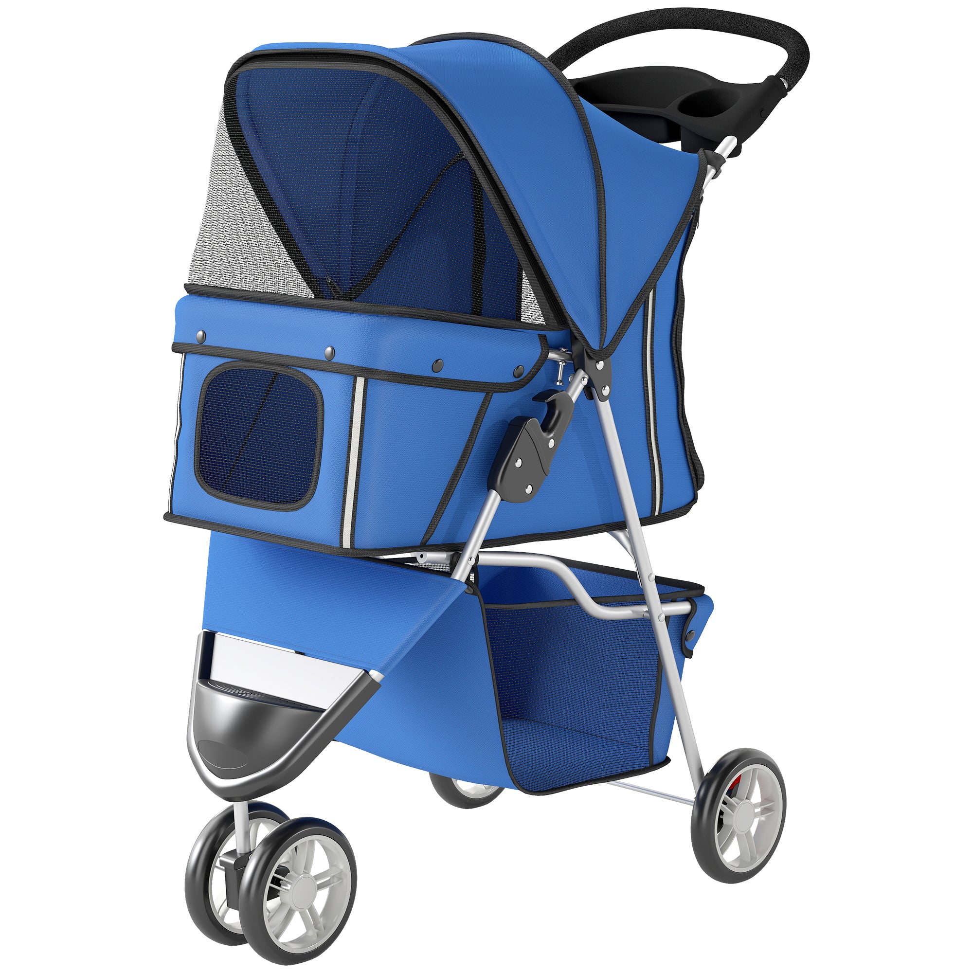 Foldable Pet Stroller for Small Dogs — Mesh Windows, Storage Basket & Cup Holder, 22 lb Capacity, Blue