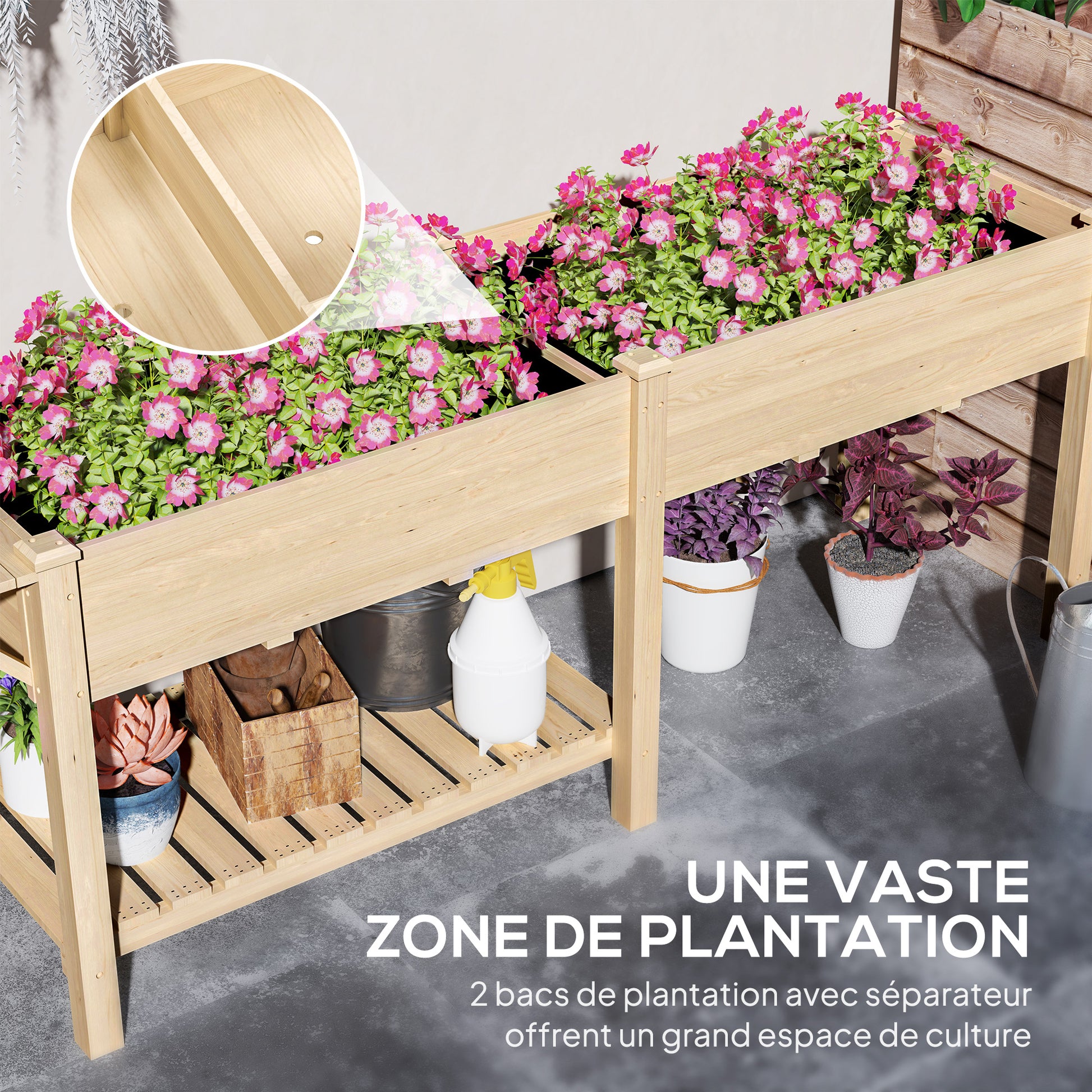 Raised Garden Bed with Legs, Garden Raised Bed Planter with 2 Planting Boxes, Folding Shelf and Bottom Shelf, Elevated Wood Garden Planter for Flowers, 207 x 59 x 78 cm, Natural Wood