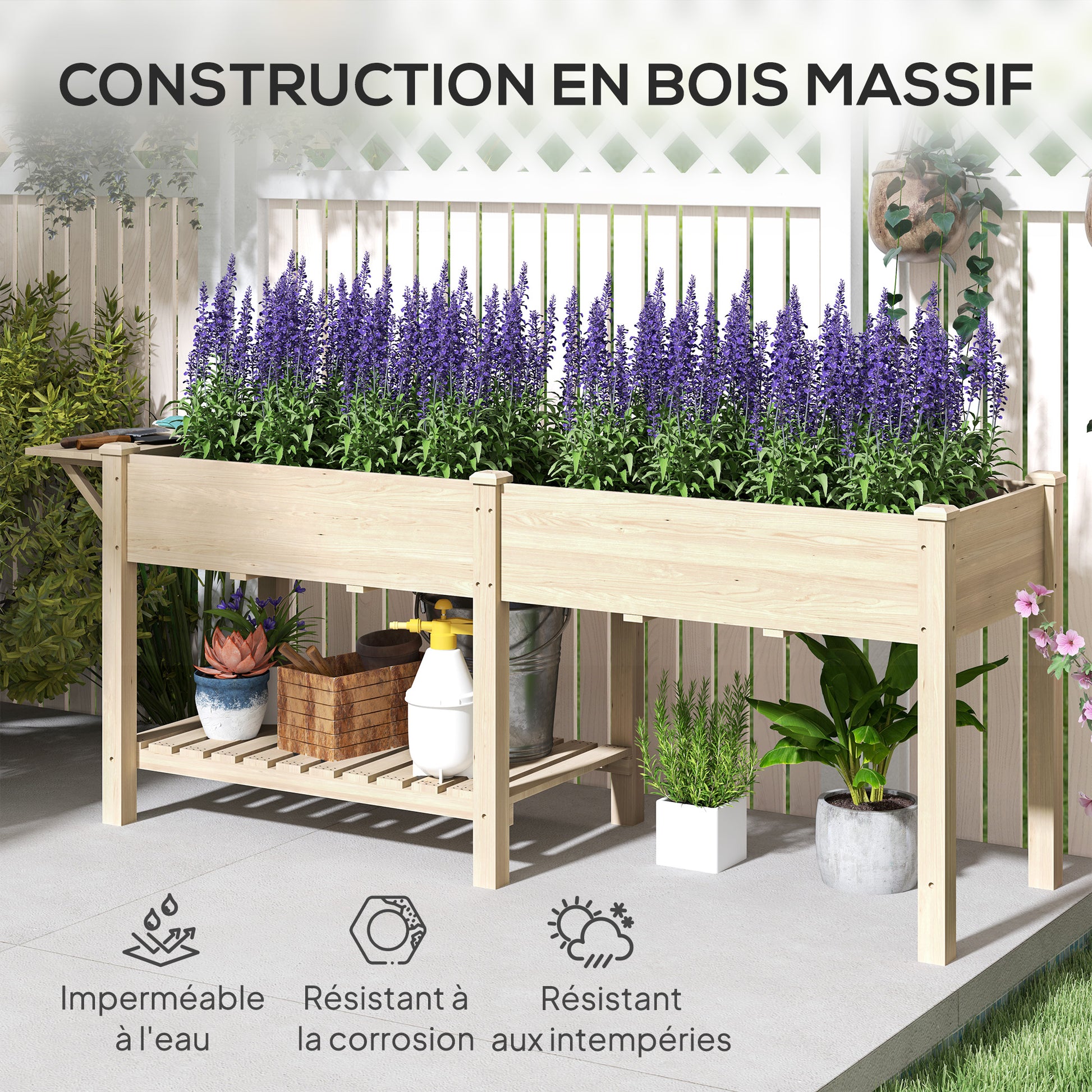Raised Garden Bed with Legs, Garden Raised Bed Planter with 2 Planting Boxes, Folding Shelf and Bottom Shelf, Elevated Wood Garden Planter for Flowers, 207 x 59 x 78 cm, Natural Wood