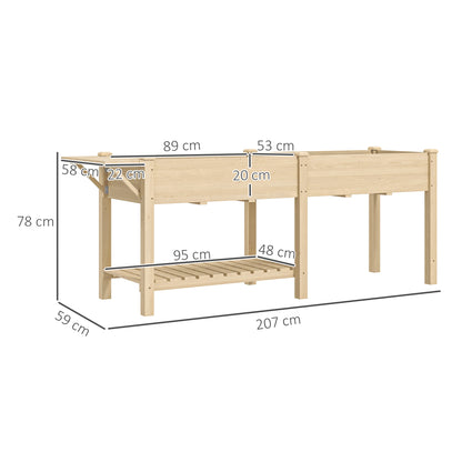 Raised Garden Bed with Legs, Garden Raised Bed Planter with 2 Planting Boxes, Folding Shelf and Bottom Shelf, Elevated Wood Garden Planter for Flowers, 207 x 59 x 78 cm, Natural Wood