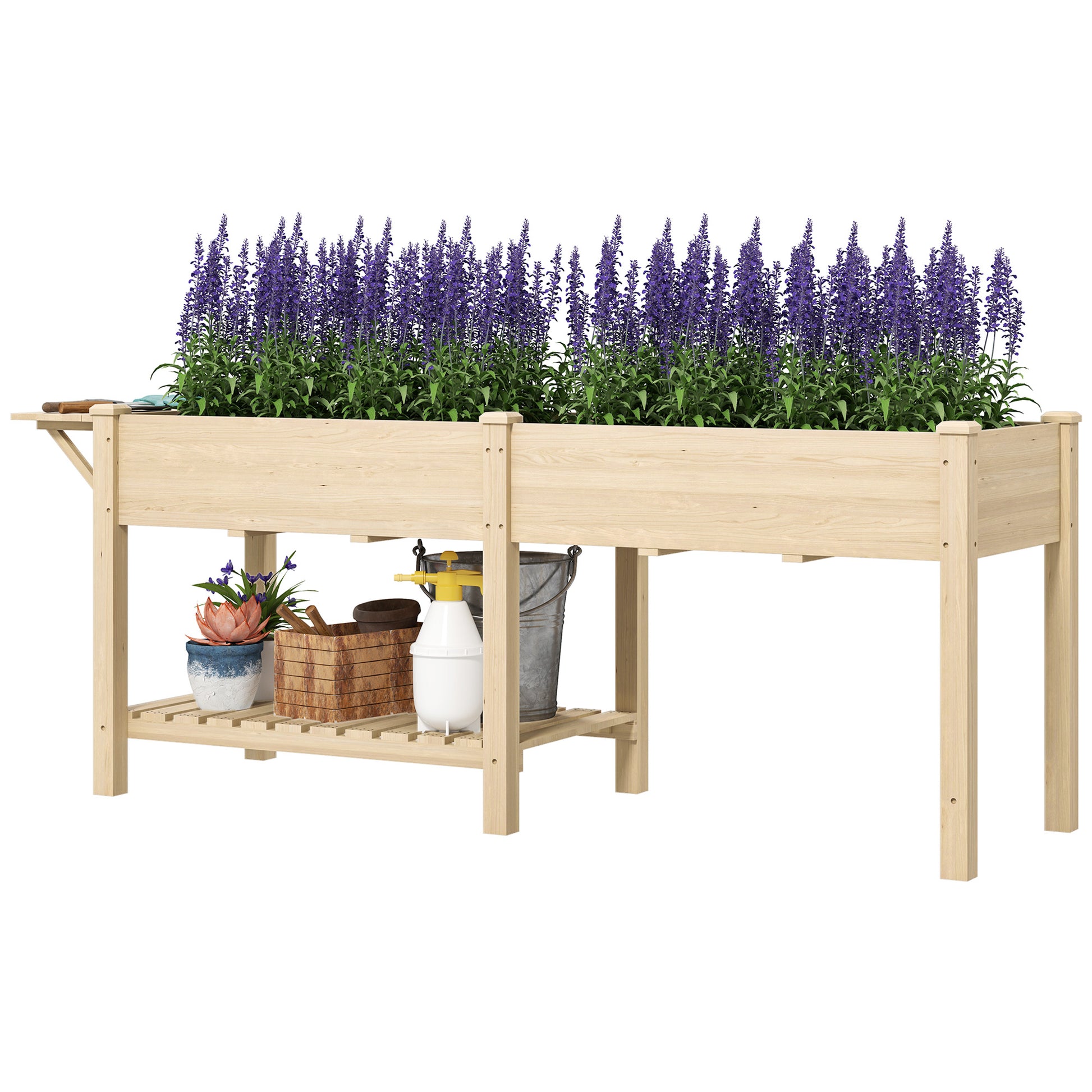 Raised Garden Bed with Legs, Garden Raised Bed Planter with 2 Planting Boxes, Folding Shelf and Bottom Shelf, Elevated Wood Garden Planter for Flowers, 207 x 59 x 78 cm, Natural Wood