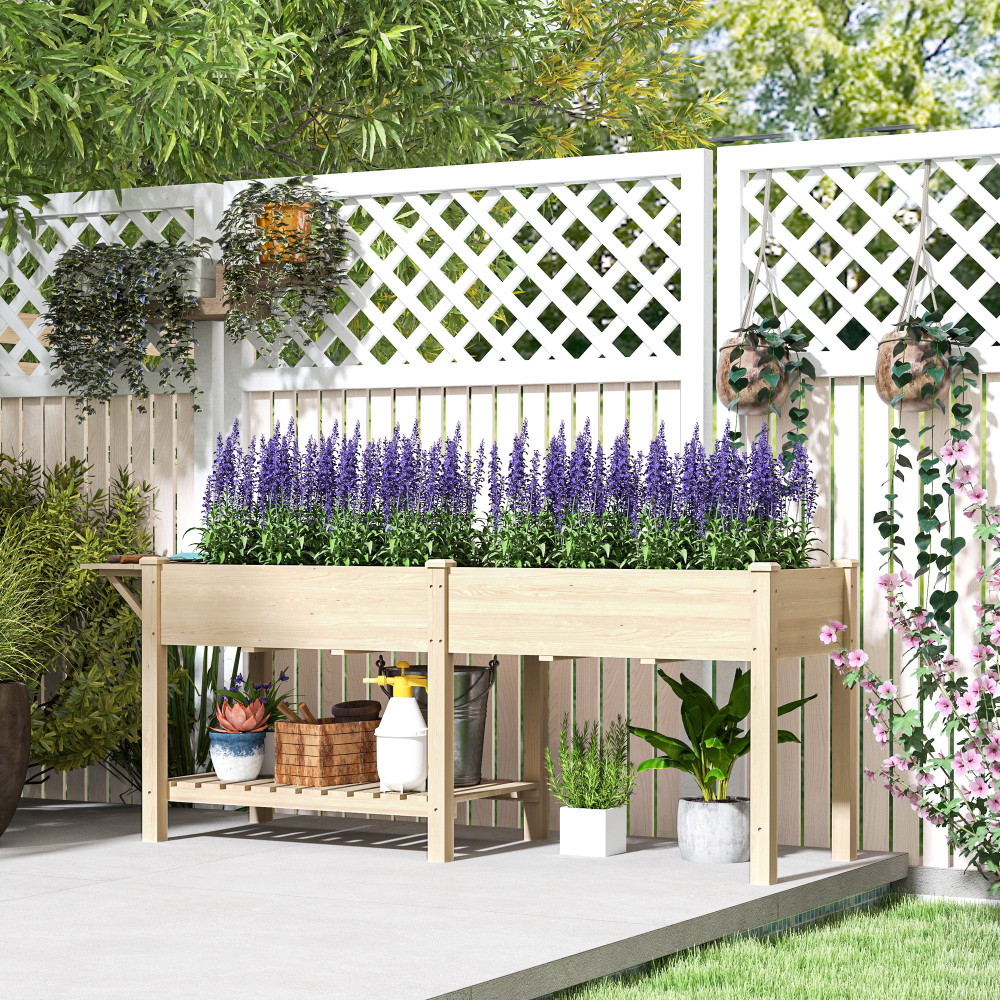 Raised Garden Bed with Legs, Garden Raised Bed Planter with 2 Planting Boxes, Folding Shelf and Bottom Shelf, Elevated Wood Garden Planter for Flowers, 207 x 59 x 78 cm, Natural Wood