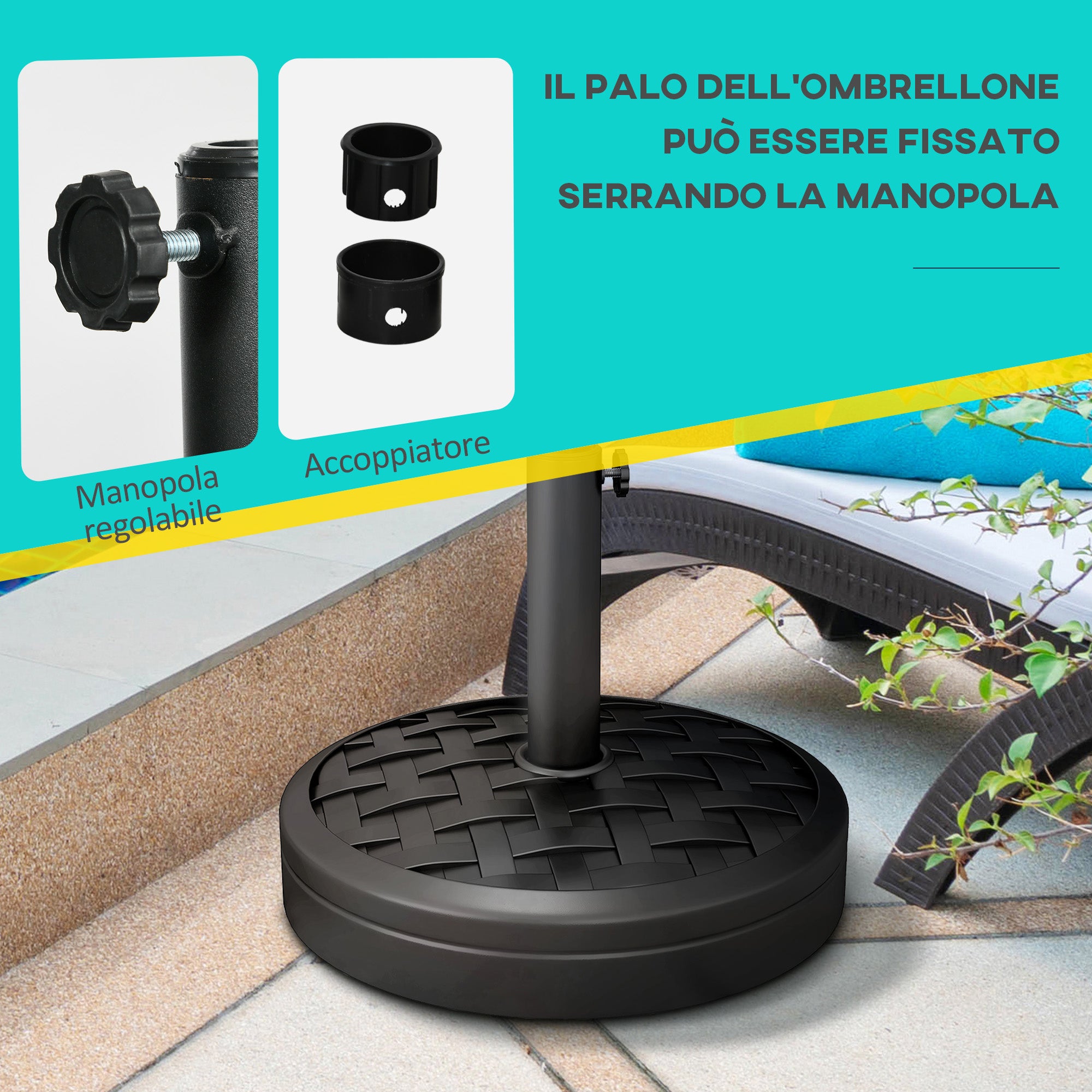 40 lbs Umbrella Base with Swivel Crank and Woven Design, Metal, HDPE, and Cement Stand, for Umbrella Poles Ø38/48 mm, Ø45x36 cm, Black