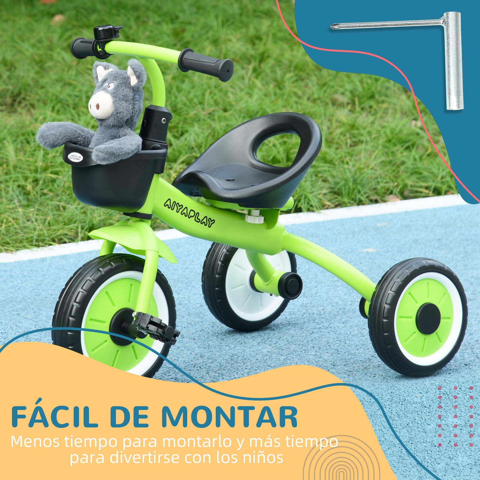 Tricycle for Children 2-5 Years Kids Bike with Adjustable Seat Basket Bell Pedals and 3 Wheels Load 25 kg 70.5x53x58 cm Green