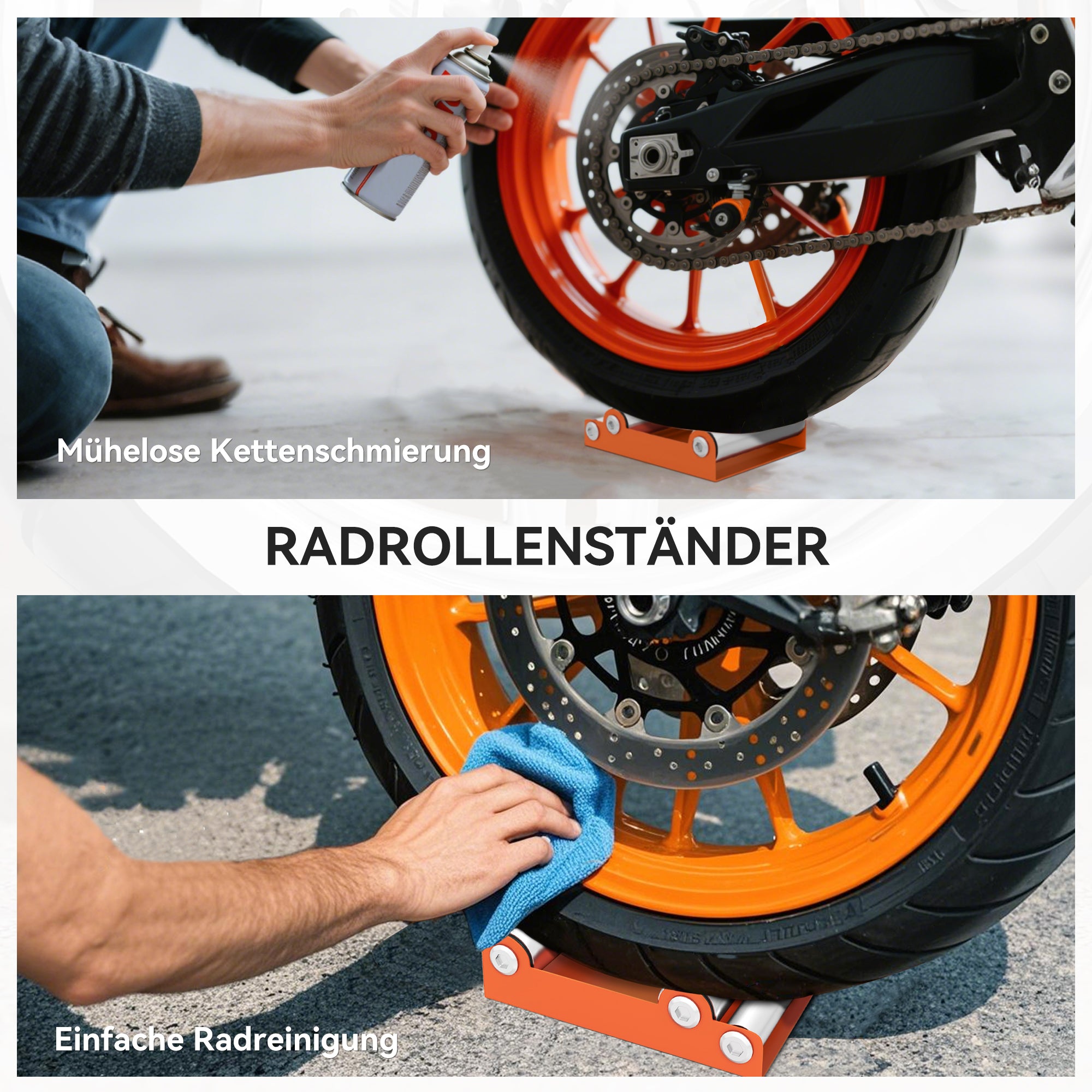 Motorcycle Wheel Cleaning Stand Roll Stand Wheel Swivel Aid Rear Tire Cleaning Aid Chain Care for Tire Cleaning & Chain Lubrication GRoller Bike <485 lb & Tire Width <180 mm Orange