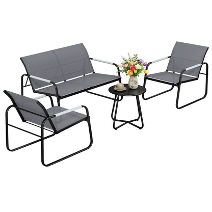 4-Piece Outdoor Patio Set for 4 — Breathable Garden Lounge with 2-Seat Sofa, 2 Armchairs, Woven Rope Round Table, Adjustable Feet, Weatherproof (Gray)
