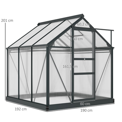 Polycarbonate Garden Greenhouse 3.65m² Aluminum Greenhouse for Garden 190 x 192 x 201 cm UV-Resistant, with Reinforced Foundation, Gutter, Skylight, and Sliding Door, Gray