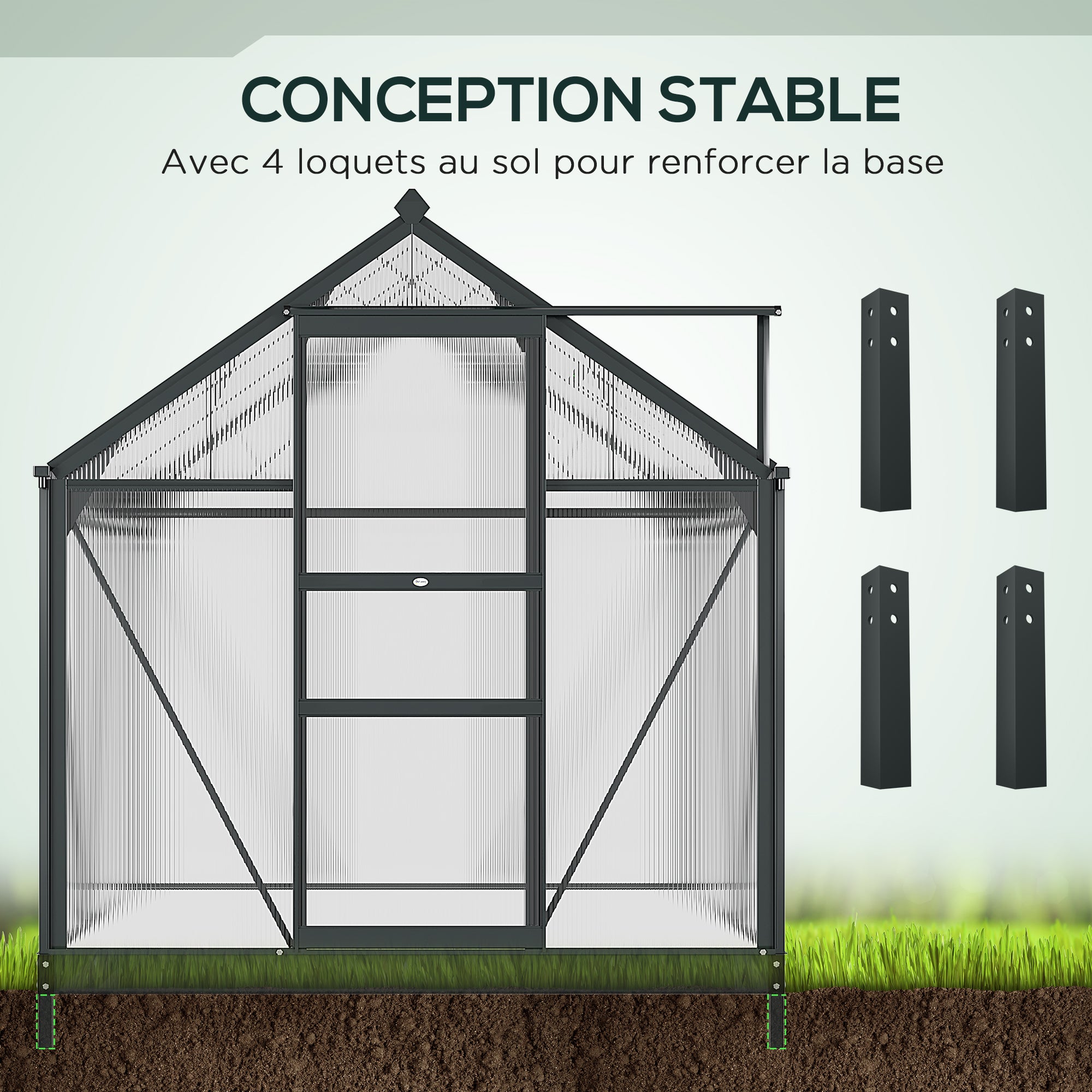 Polycarbonate Garden Greenhouse 3.65m² Aluminum Greenhouse for Garden 190 x 192 x 201 cm UV-Resistant, with Reinforced Foundation, Gutter, Skylight, and Sliding Door, Gray