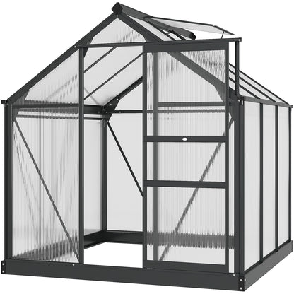 Polycarbonate Garden Greenhouse 3.65m² Aluminum Greenhouse for Garden 190 x 192 x 201 cm UV-Resistant, with Reinforced Foundation, Gutter, Skylight, and Sliding Door, Gray