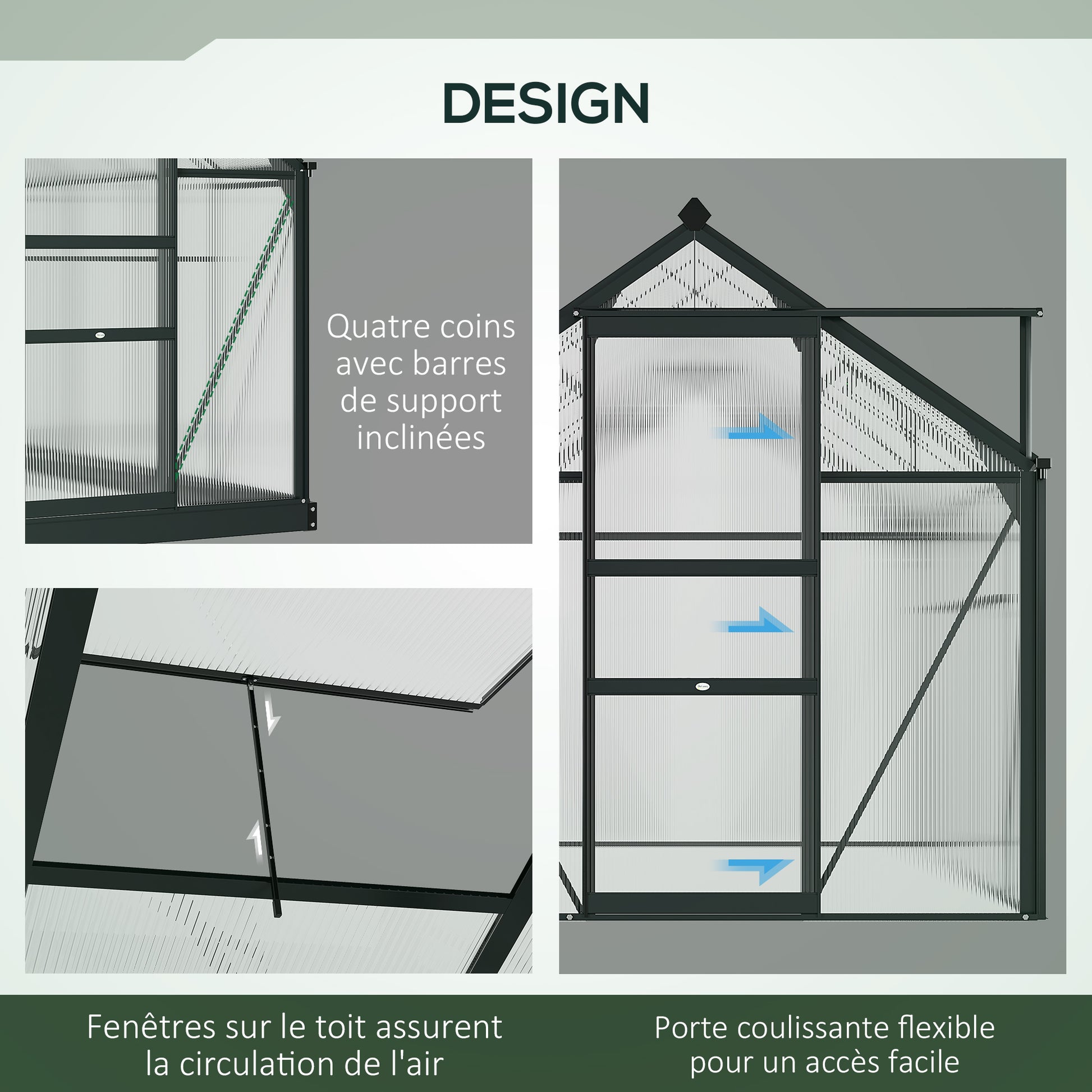 Polycarbonate Garden Greenhouse 3.65m² Aluminum Greenhouse for Garden 190 x 192 x 201 cm UV-Resistant, with Reinforced Foundation, Gutter, Skylight, and Sliding Door, Gray